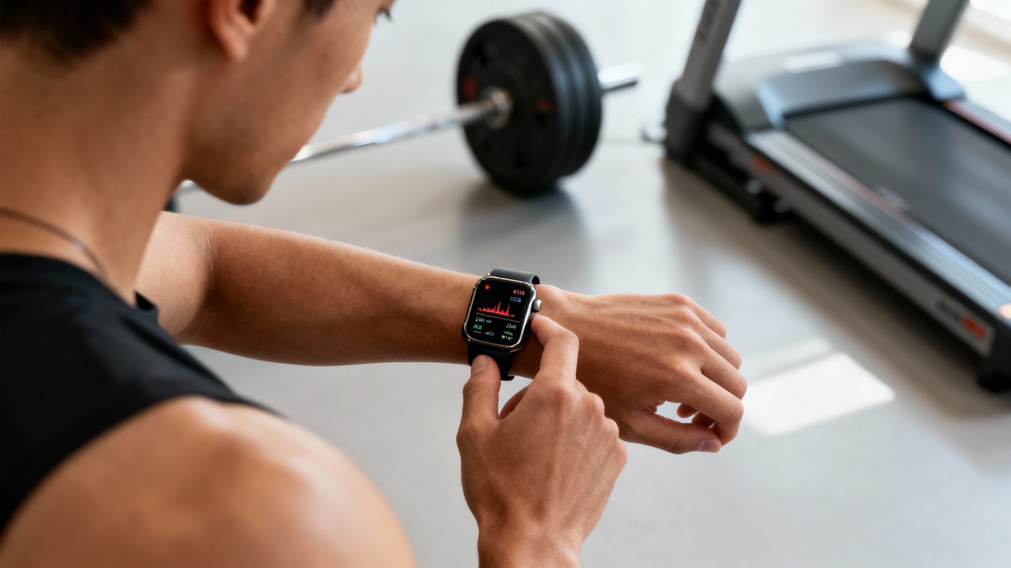 Man checks fitness tracker showing heart rate data during a workout in a gym.