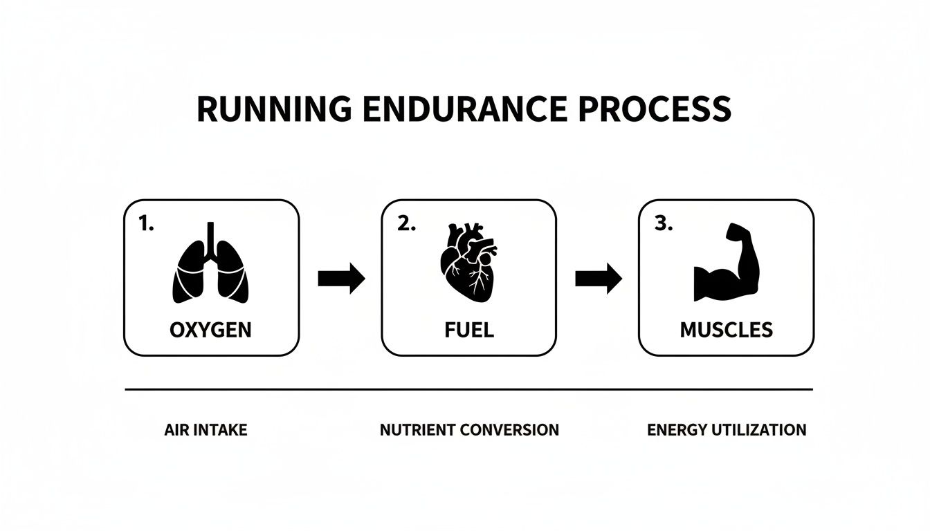 A diagram illustrating the running endurance process, showing oxygen intake, fuel conversion, and muscle energy utilization.