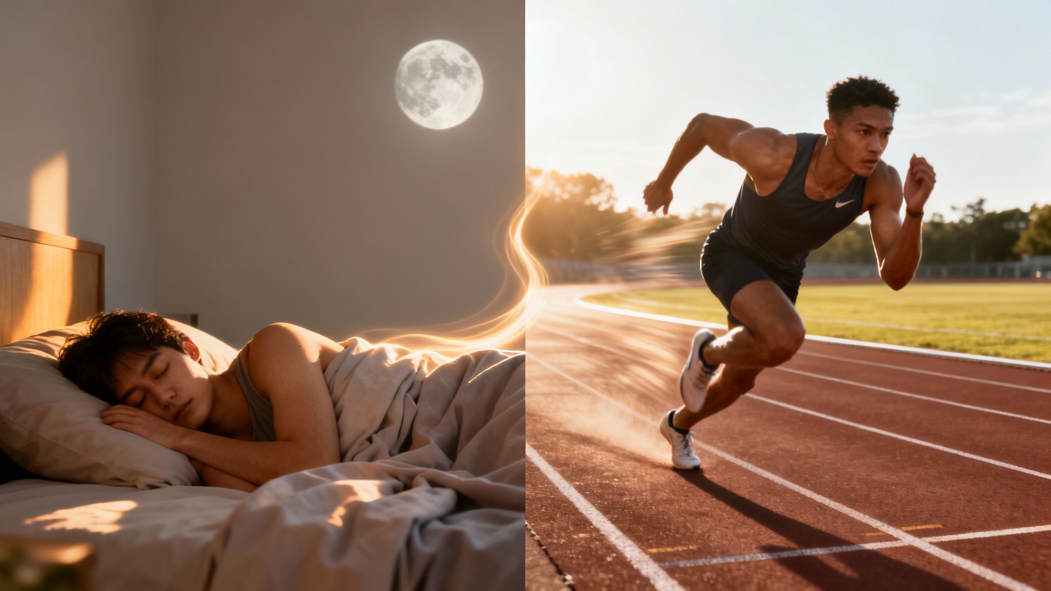 A man sleeps under a full moon, dreaming of an athlete running on a track at sunrise.