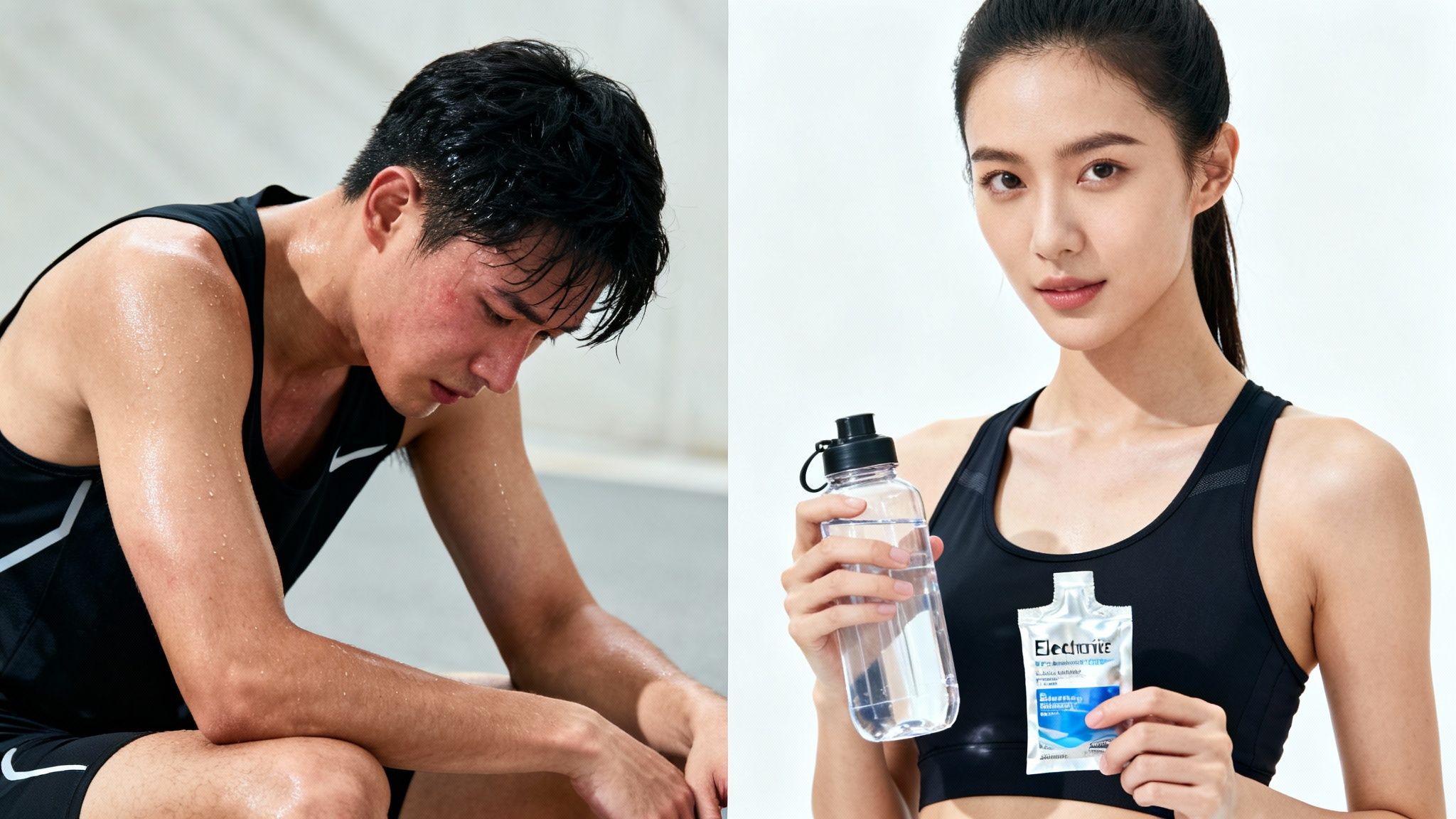Two athletes, one sweaty and tired, the other holding a water bottle and electrolyte supplement.