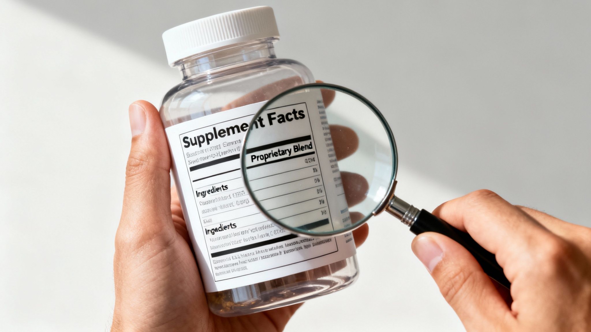 A person holds a clear supplement bottle with a 'Supplement Facts' label, using a magnifying glass to read the small print.