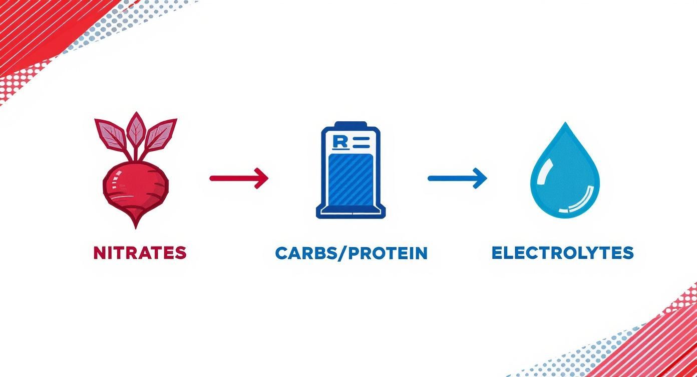 Infographic showing nitrates converting to carbs and protein then electrolytes for athletic performance supplementation