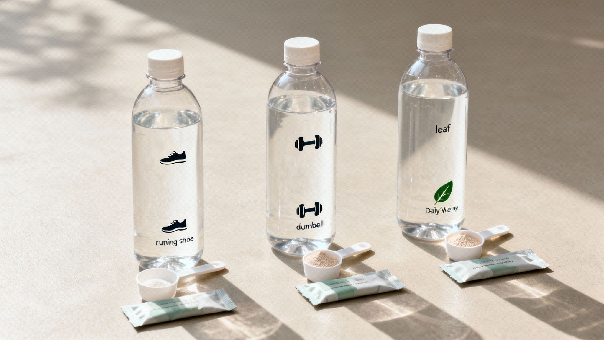 A runner on a trail, a person lifting weights in a gym, and someone relaxing with a glass of water, representing different hydration scenarios.