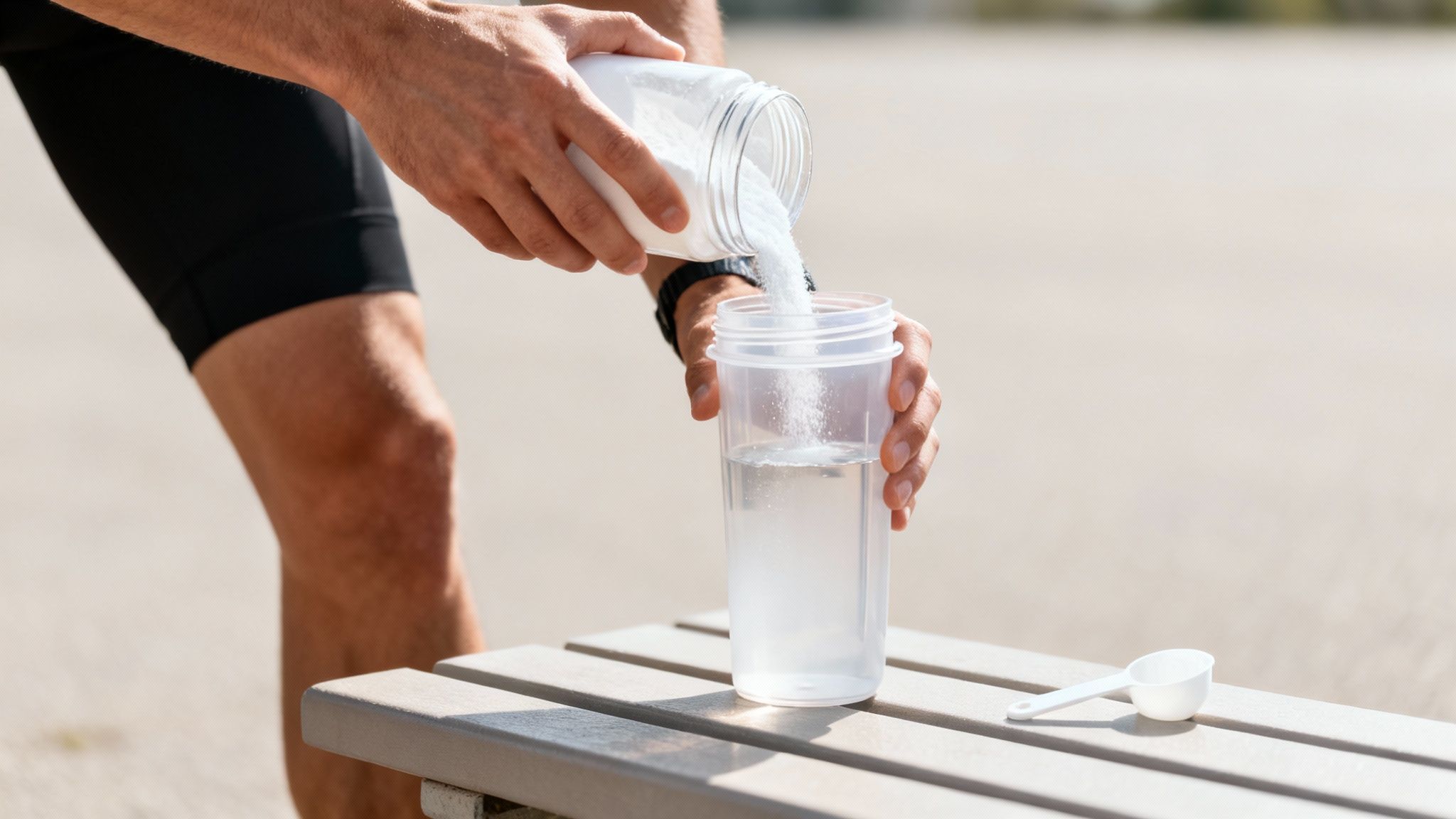 A person pours white electrolyte powder from a clear jar into a cup of water.