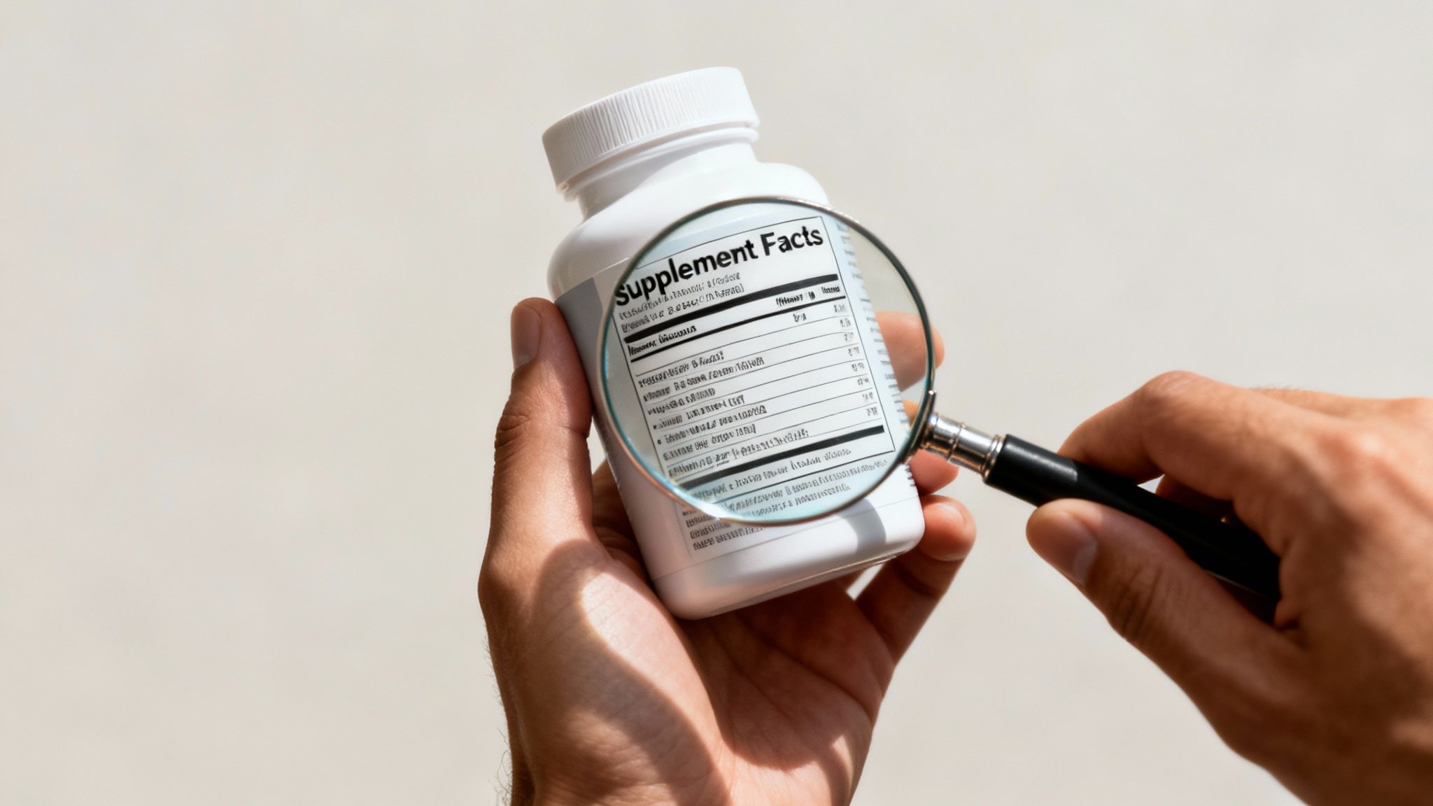 Close-up of a person holding a white supplement bottle, using a magnifying glass to read the 'Supplement Facts' label.