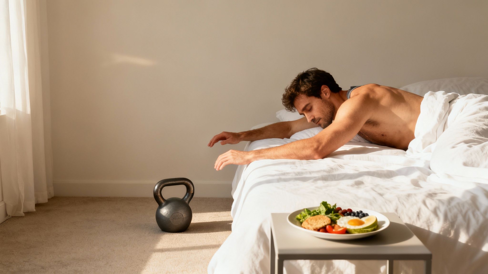 A man sleeps on a bed next to a kettlebell and a plate with a healthy breakfast.