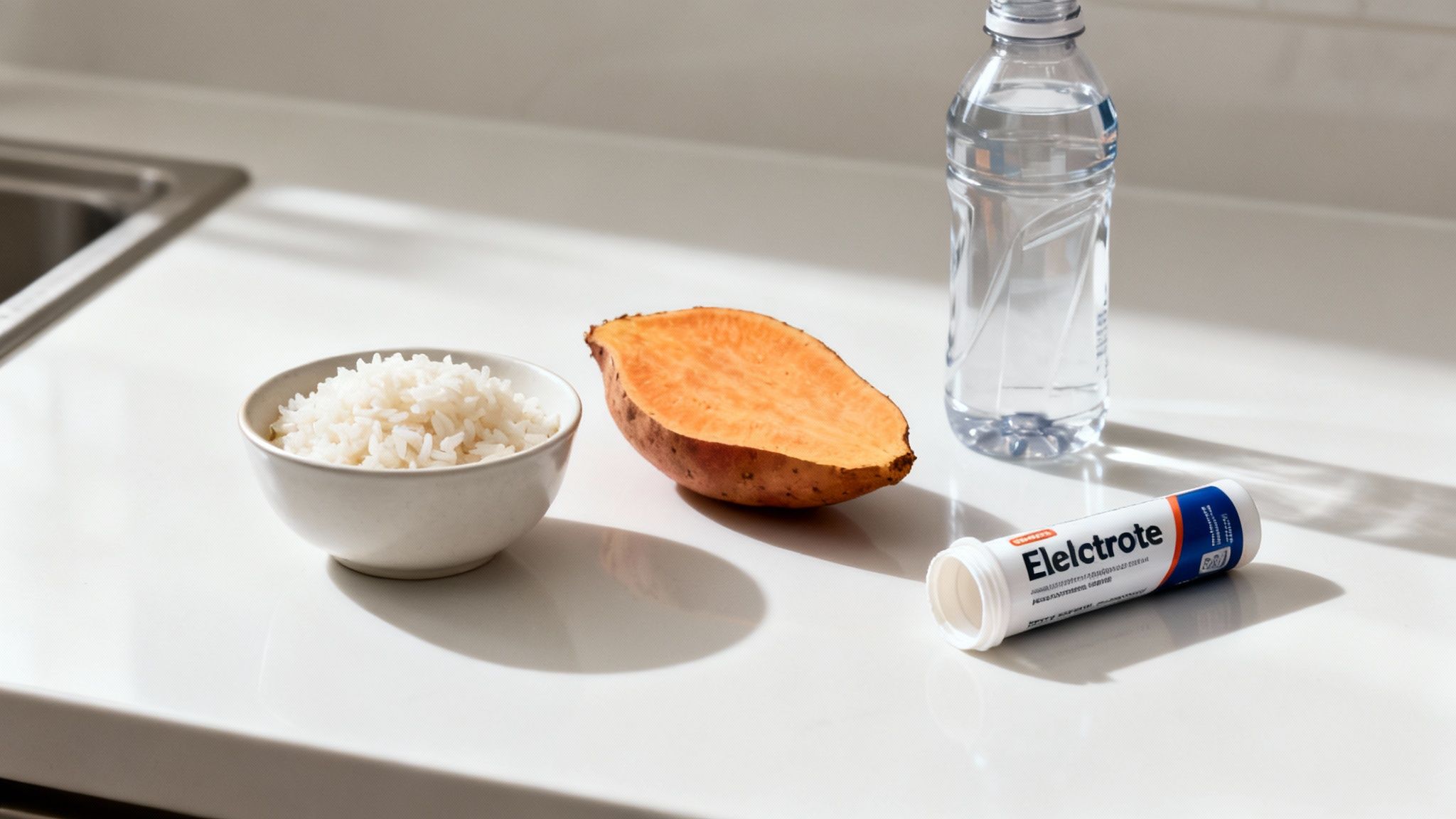 A white bowl of rice, a sweet potato half, a water bottle, and electrolyte tablets on a kitchen counter.