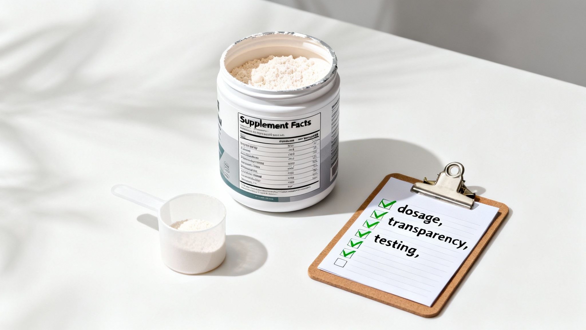 A white tub of supplement powder with a 'Supplement Facts' label, scoop, and quality checklist.