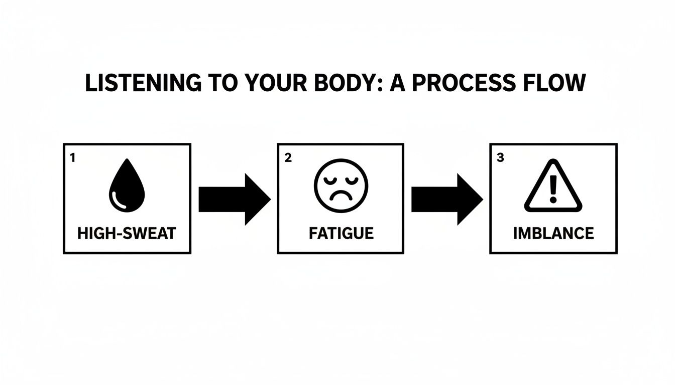 A three-step process flow illustrating how listening to your body progresses from high sweat to fatigue and then imbalance.