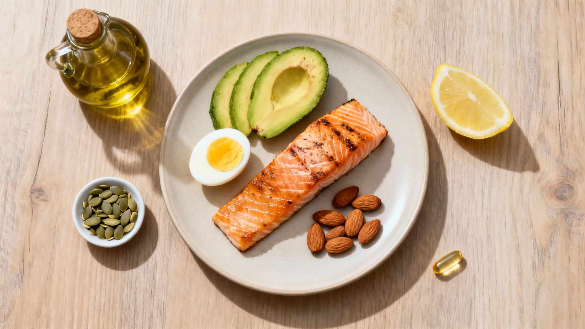 A healthy plate with grilled salmon, sliced avocado, a boiled egg, almonds, pumpkin seeds, olive oil, and lemon.