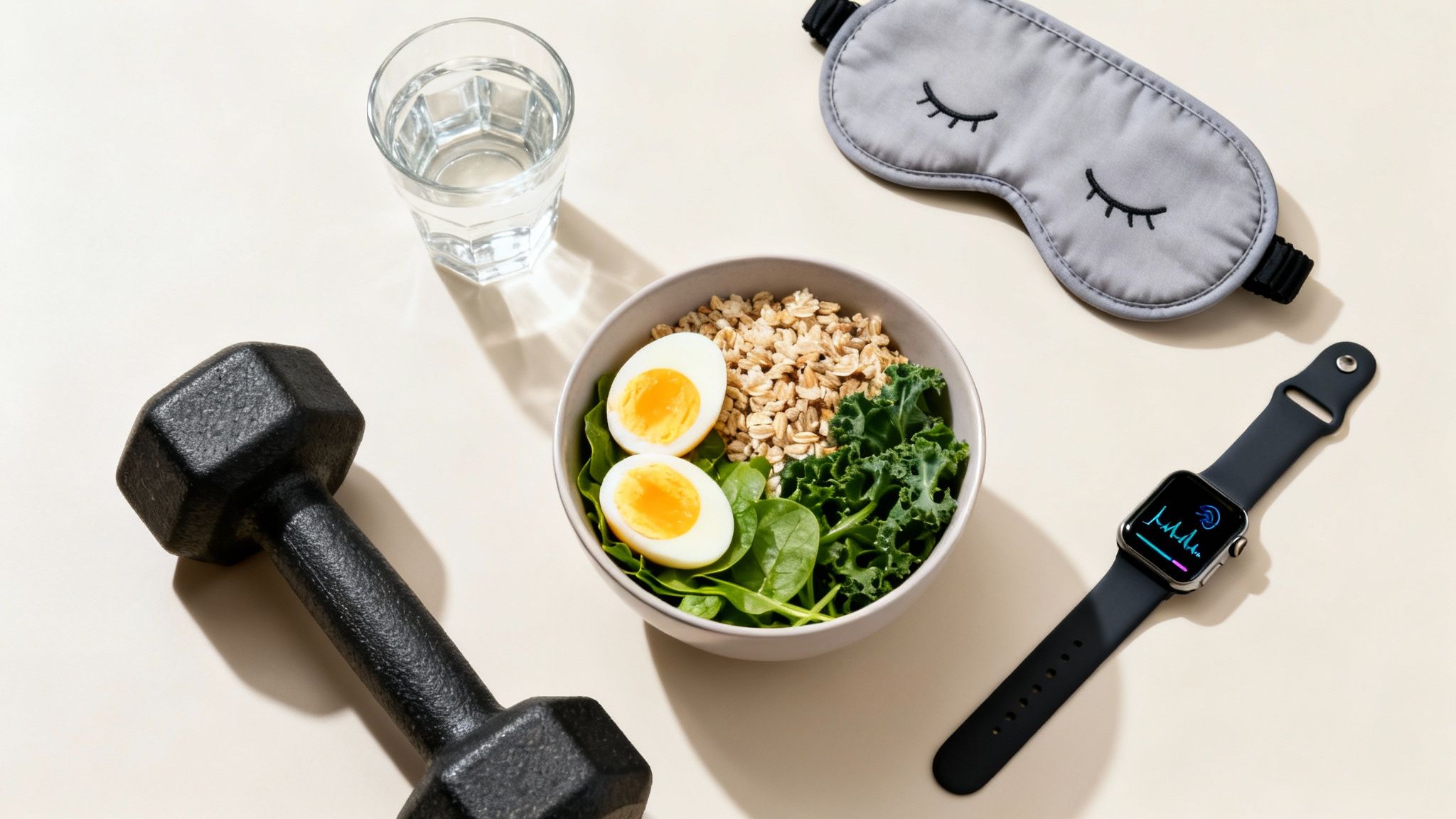 A flat lay of health essentials: dumbbell, water, oatmeal bowl with eggs, sleep mask, and smartwatch.