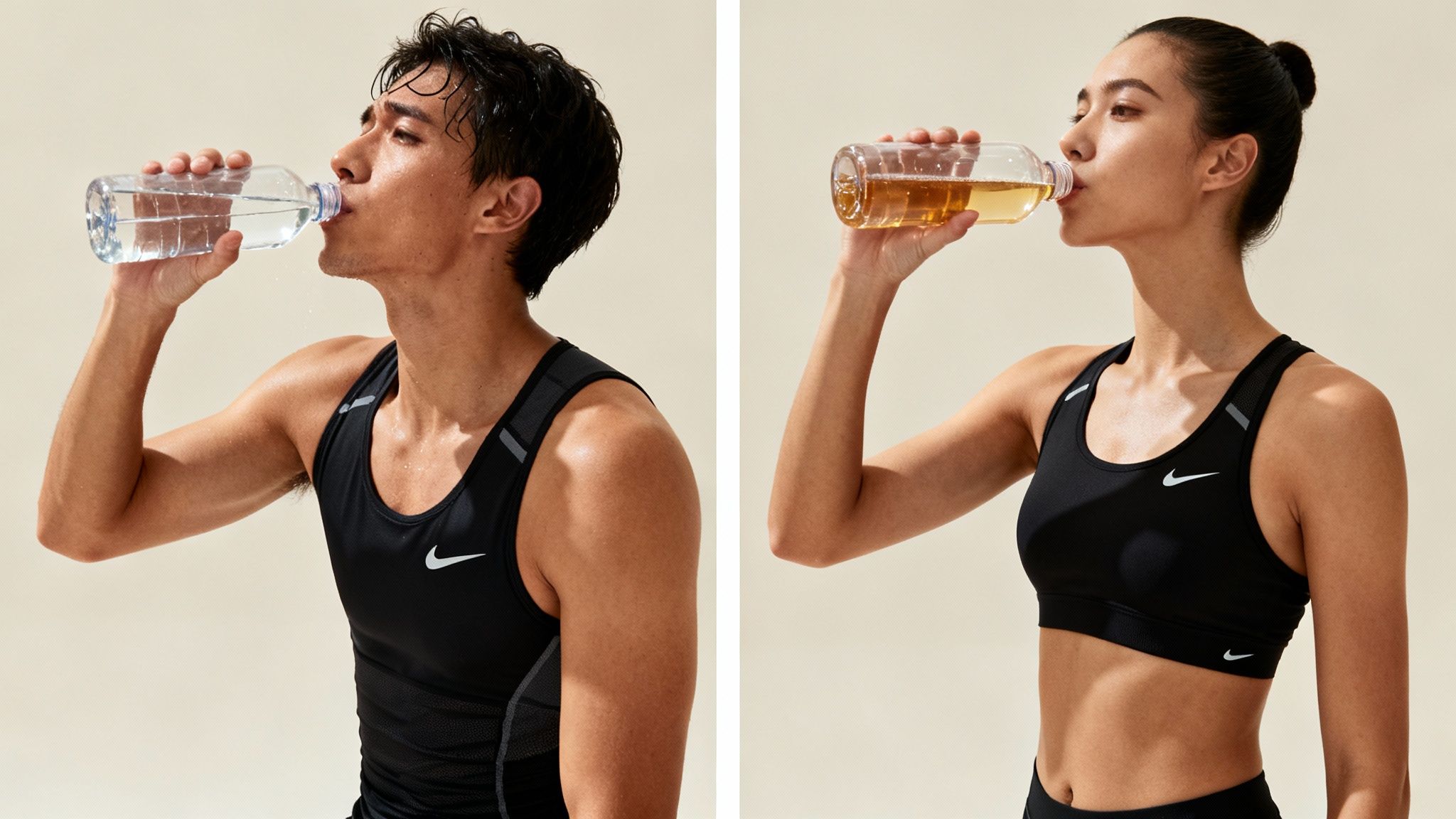 Male and female athletes in Nike sportswear drinking water and electrolyte beverages after workout
