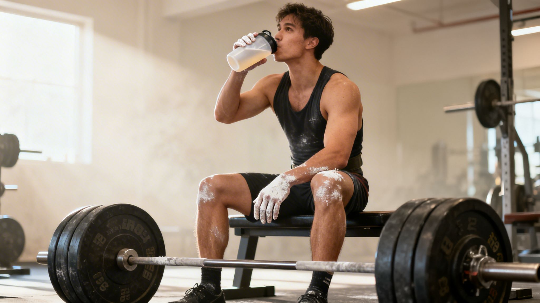 Muscular male athlete covered in chalk drinking an electrolyte shake during a workout break.