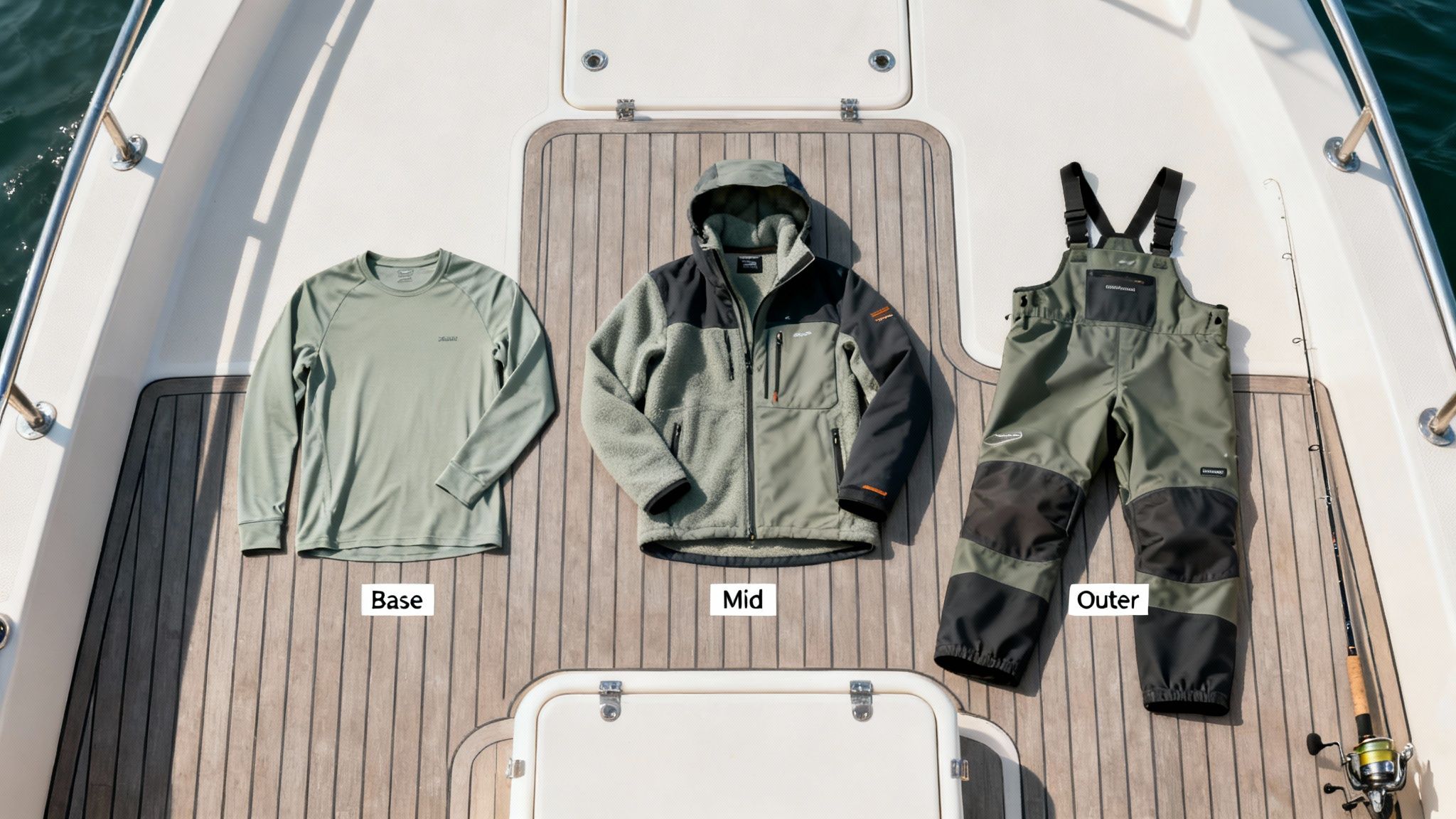 Three layers of fishing clothing, including a base shirt, mid-layer fleece, and outer bibs, laid out on a boat deck.
