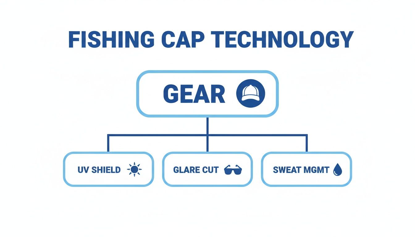 A diagram illustrating fishing cap technology, detailing gear features like UV shield, glare cut, and sweat management.