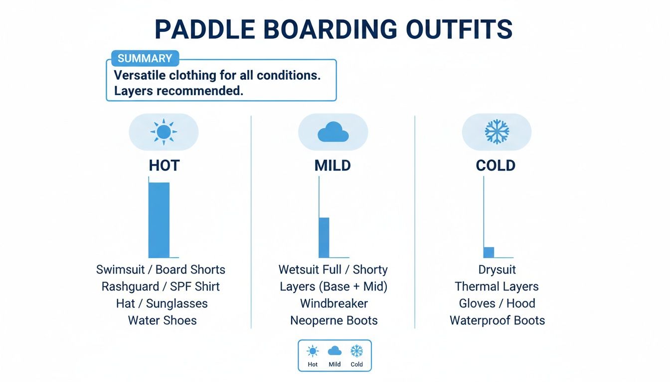 A guide illustrating paddle boarding outfit recommendations for hot, mild, and cold weather conditions, emphasizing layers.