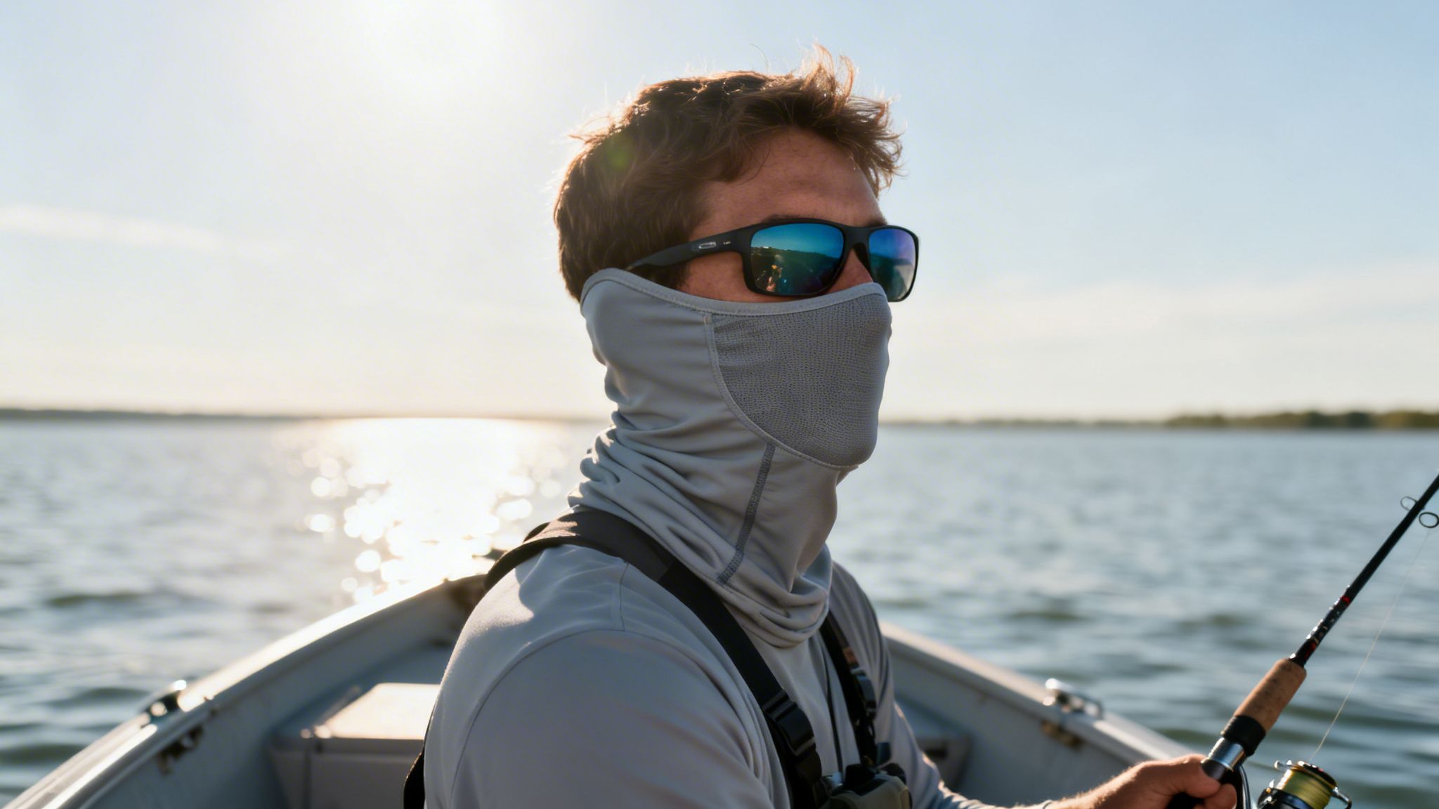 Man wearing a gray fishing face mask and sunglasses in a boat, holding a fishing rod.