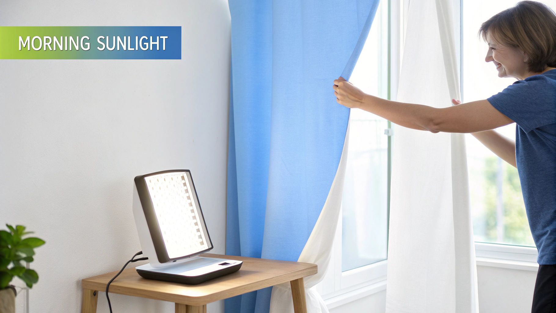 A woman opens curtains, revealing a window and a light therapy lamp for morning sunlight.