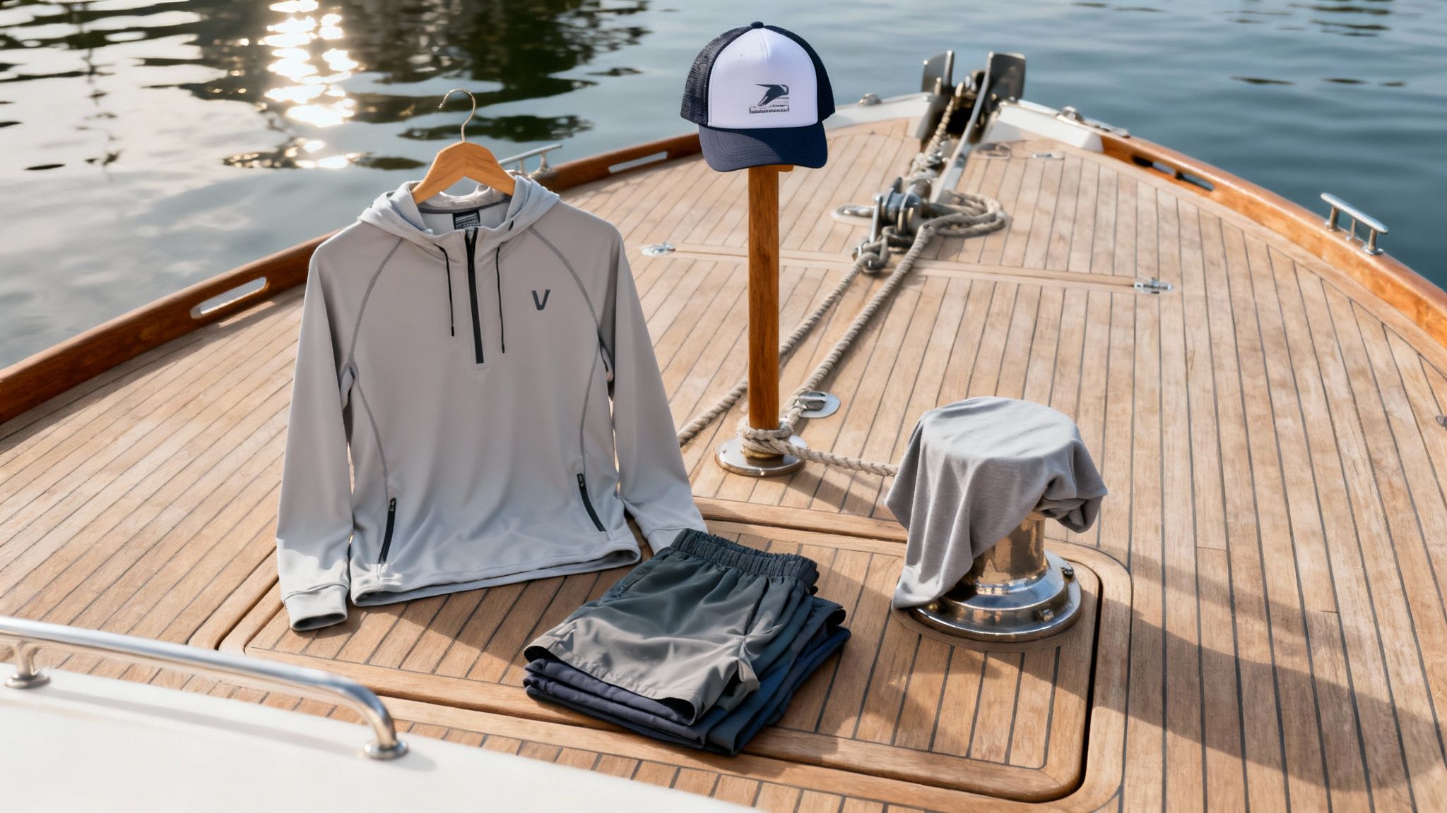 Grey hooded quarter-zip shirt, shorts, and a cap with a logo displayed on a boat deck.