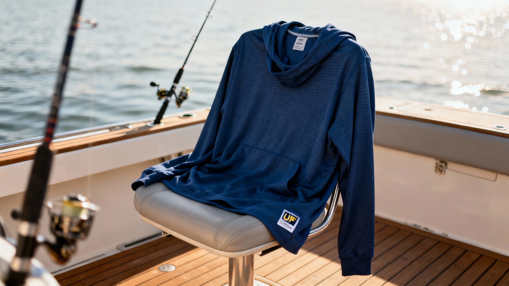 Blue hooded fishing shirt on a boat seat with fishing rods and water in the background.