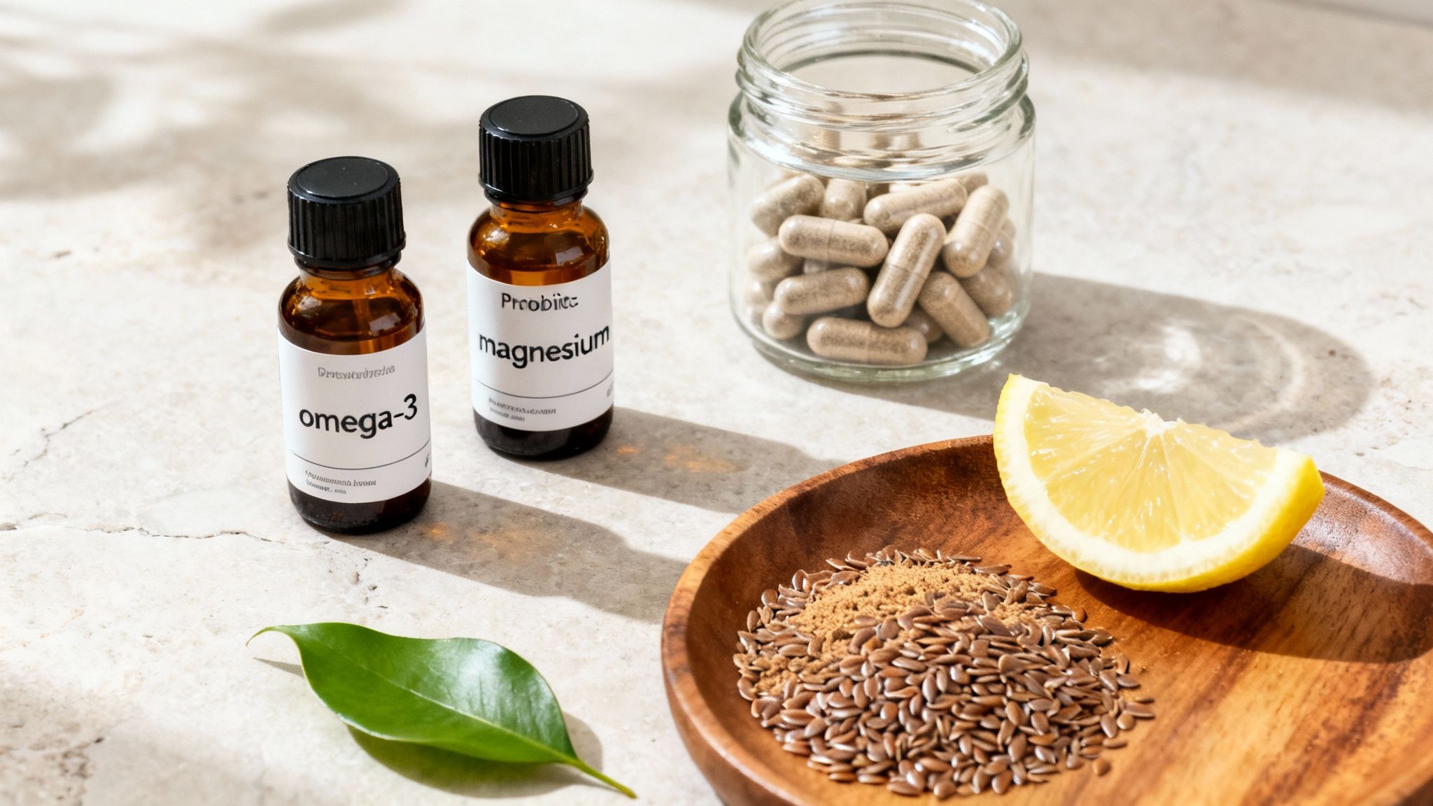Natural health supplements including omega-3, magnesium, capsules, flax seeds, and lemon for a balanced lifestyle.