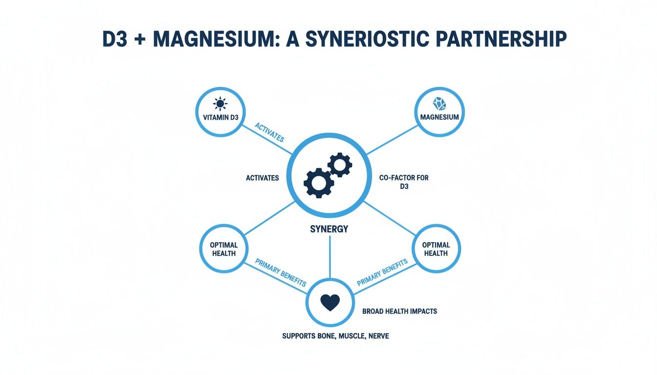 Diagram illustrating the synergistic partnership between Vitamin D3 and Magnesium for optimal health, supporting bone, muscle, and nerve.