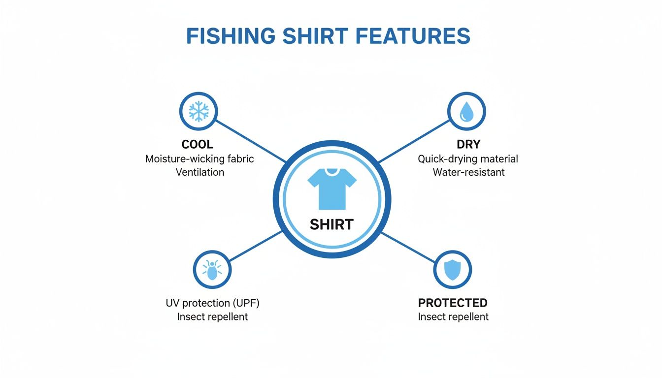 Diagram showcasing fishing shirt features: cool, dry, protected, and UV protection.
