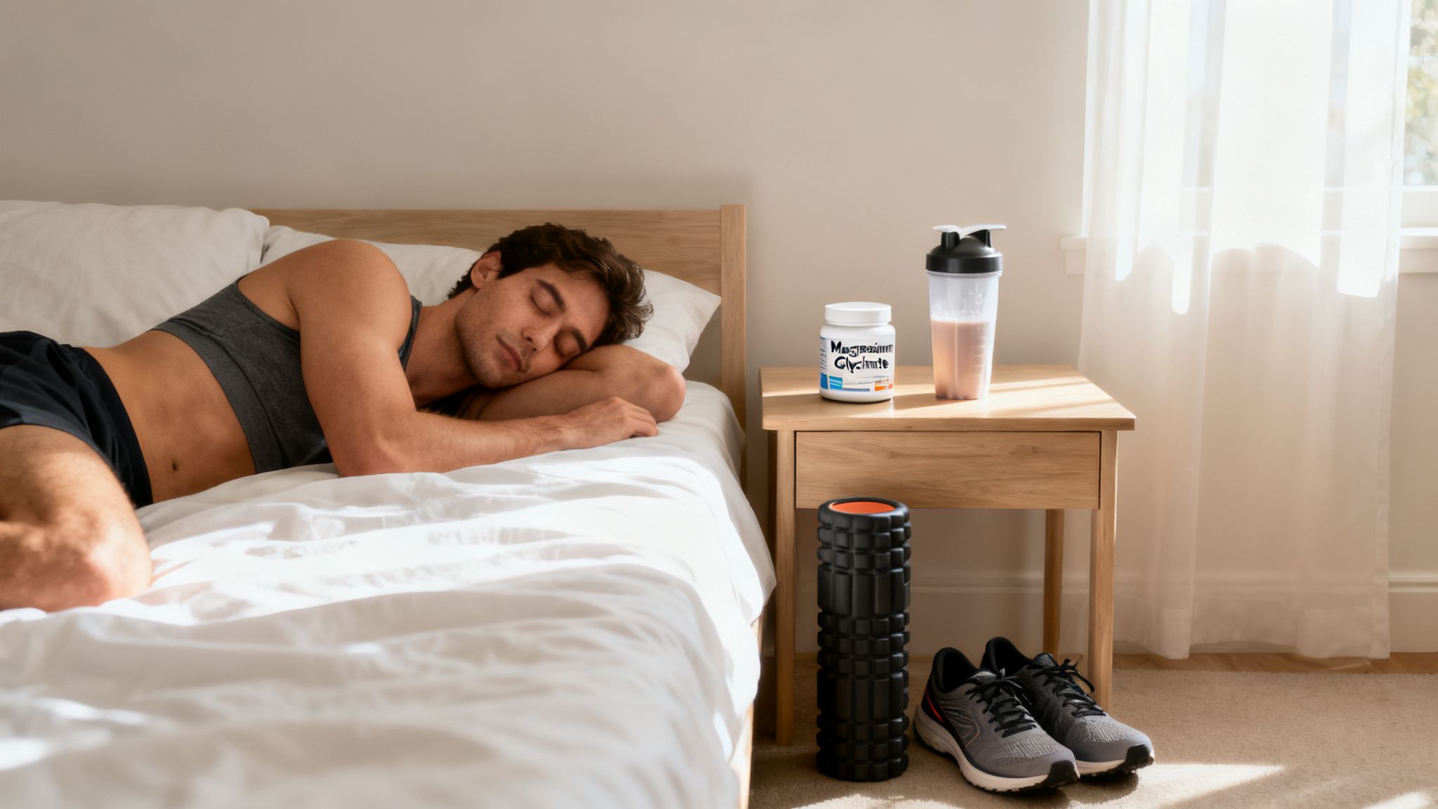 A man sleeps soundly in bed, next to magnesium glycinate, a shake, foam roller, and running shoes.