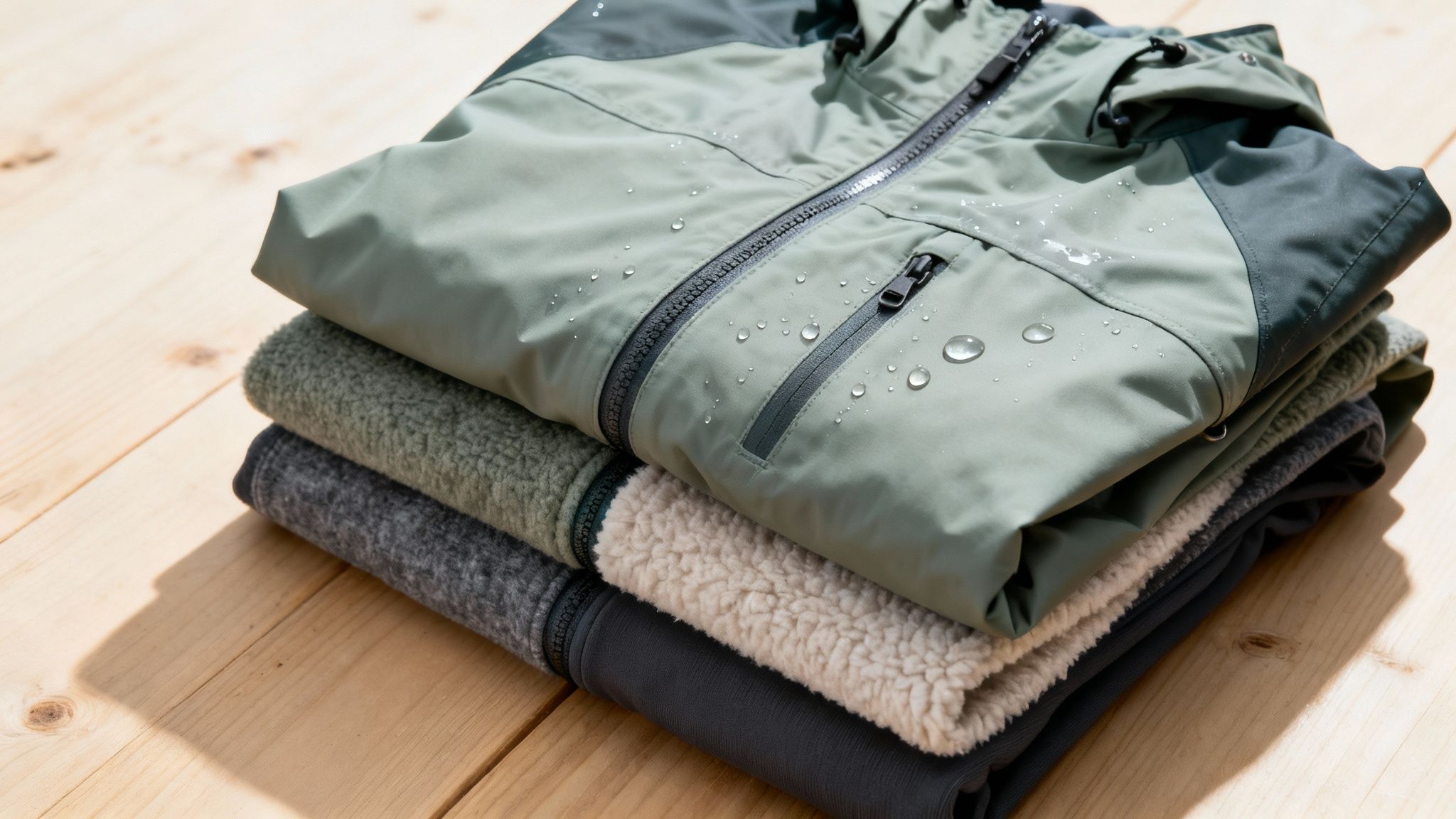 Folded green waterproof jacket with water droplets, stacked with warm fleece layers.