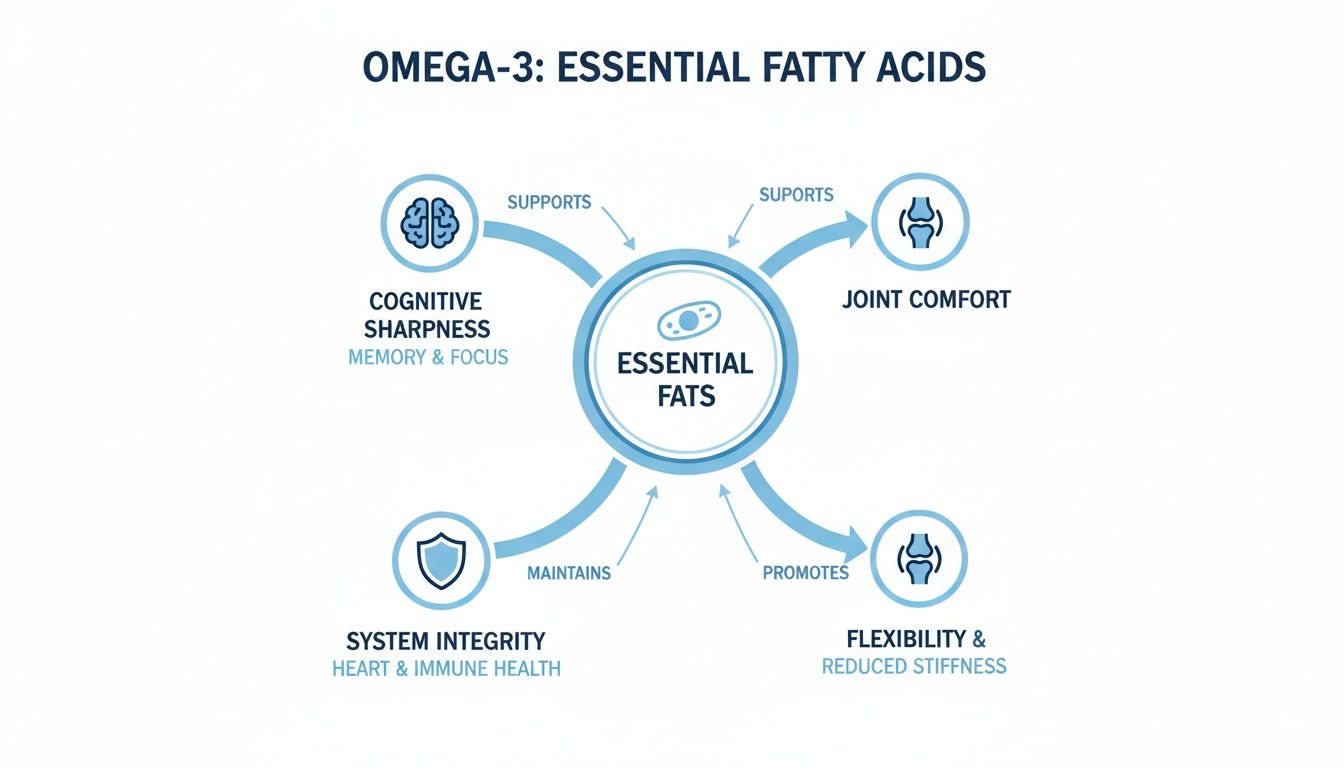 A diagram illustrating how Omega-3 Essential Fatty Acids support cognitive sharpness, joint comfort, system integrity, and flexibility.