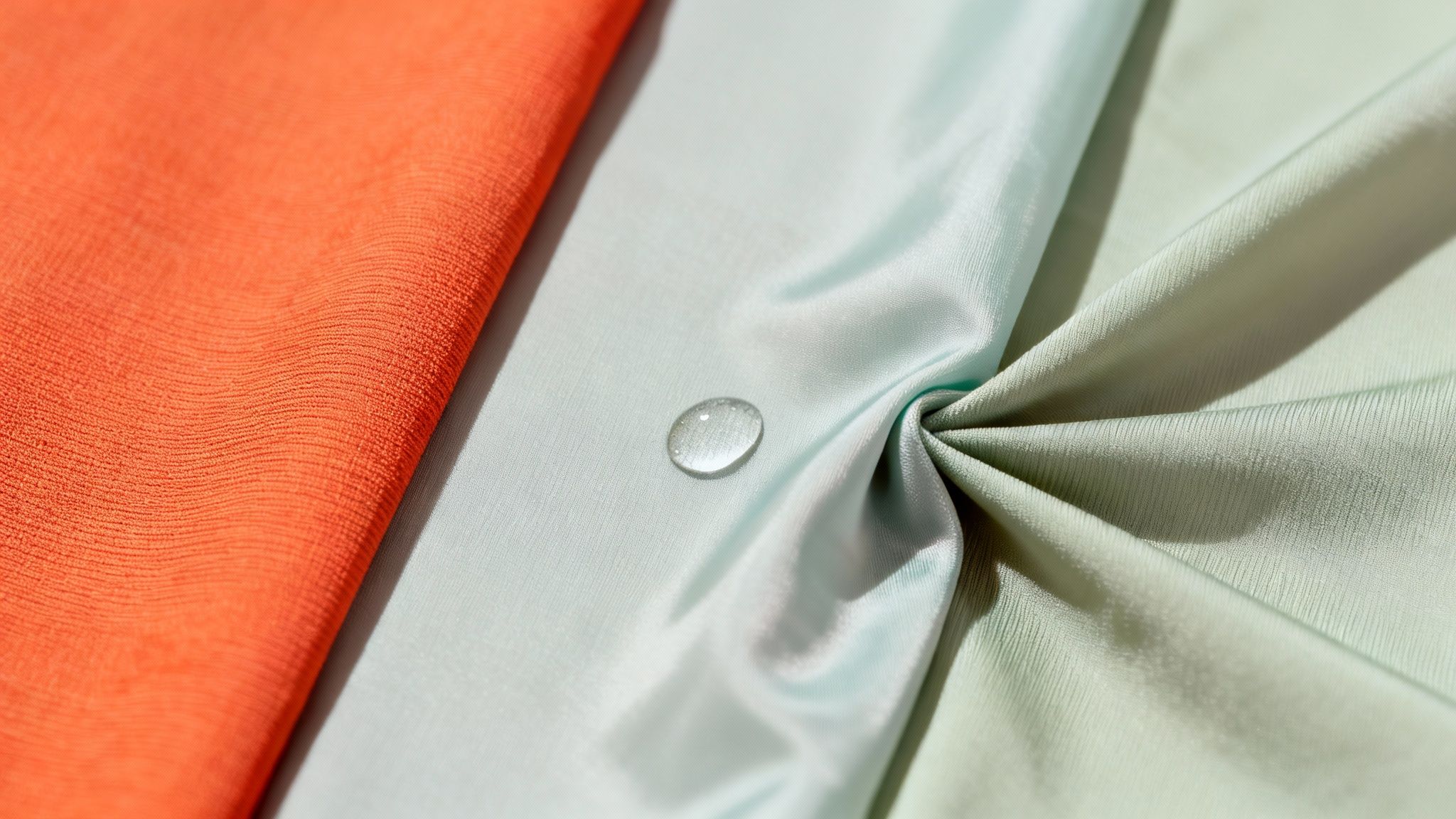 A close-up of three fabric swatches in orange, light blue, and light green, with a water droplet on the blue fabric.