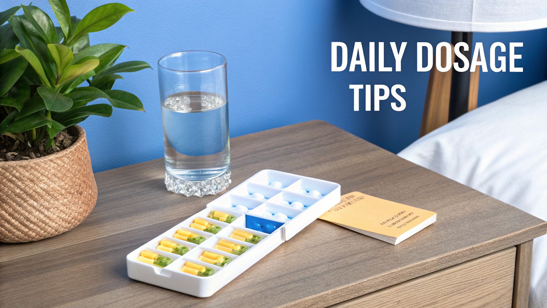 A daily pill organizer with various supplements, a glass of water, and a plant on a nightstand.