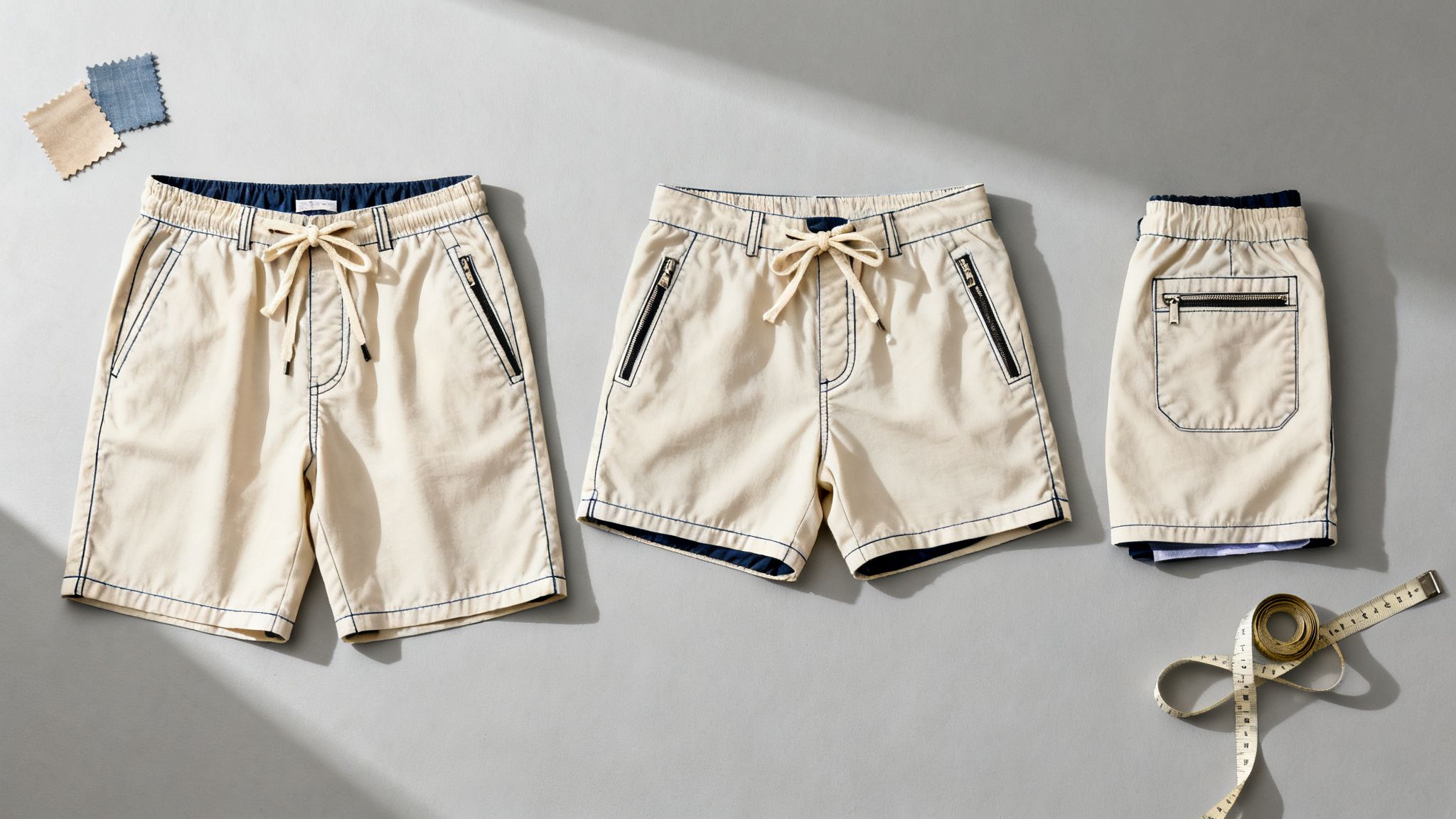 Three beige men's board shorts with blue stitching and drawstrings, displayed on a gray background.