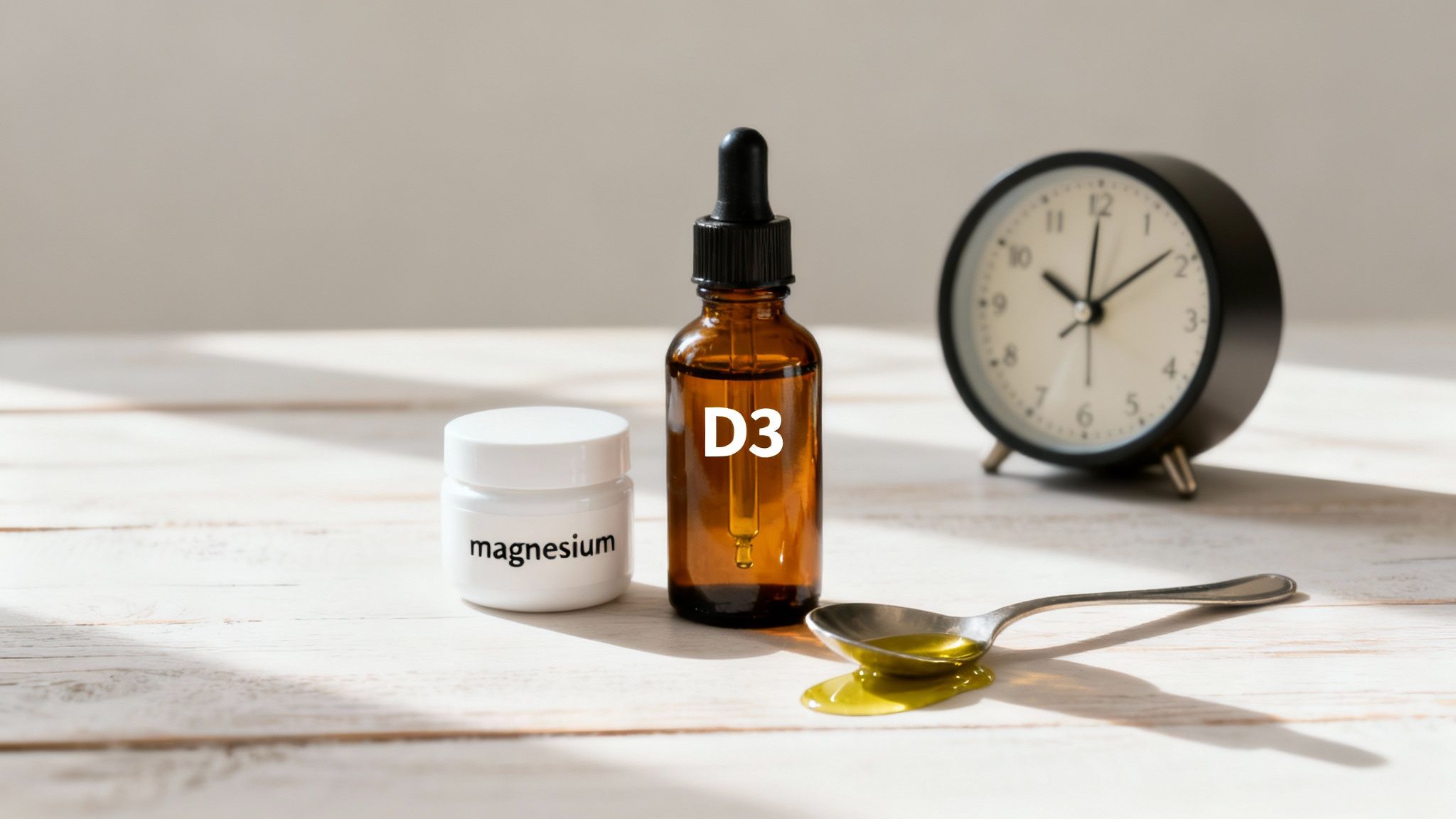 A D3 dropper bottle, magnesium jar, spoon with oil, and alarm clock on a white wooden table.