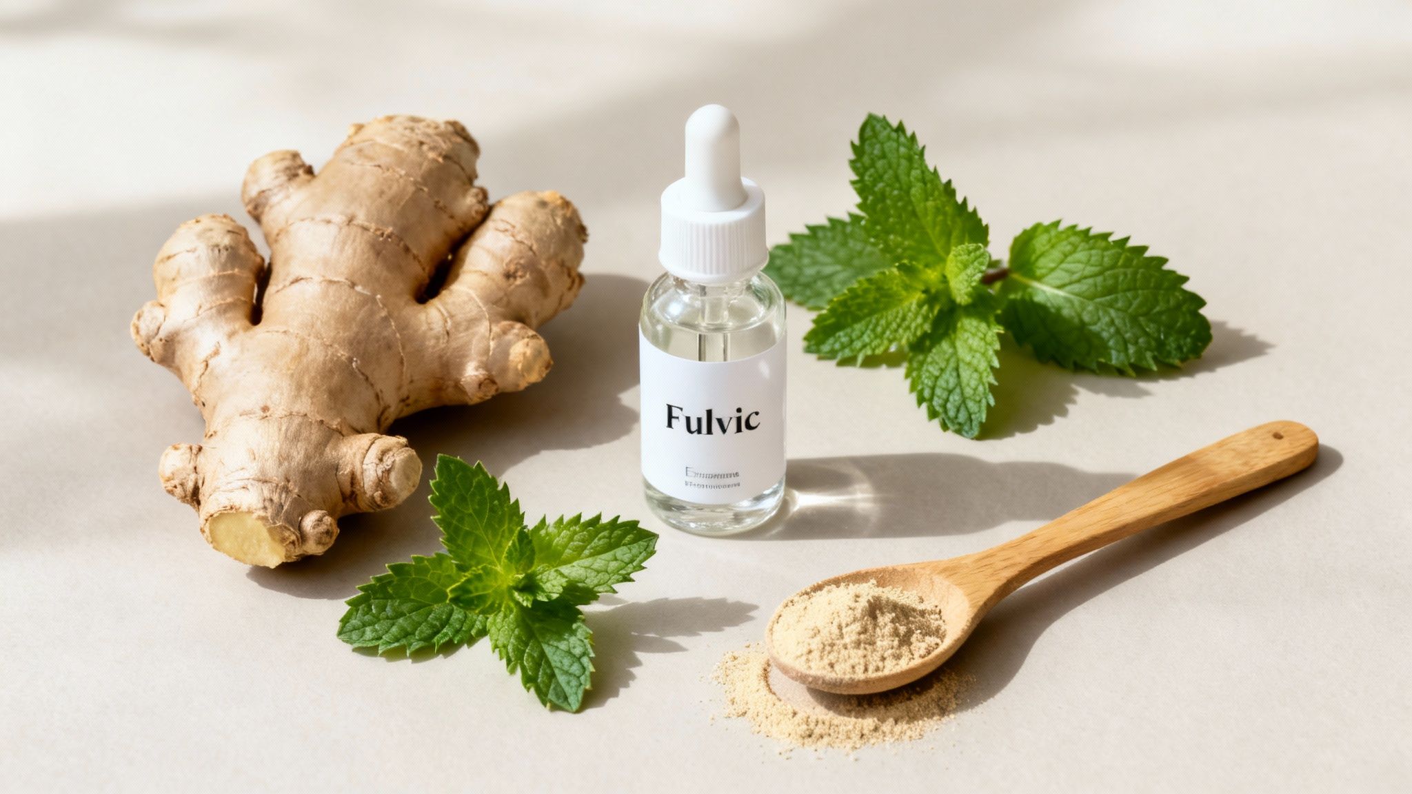 Fresh ginger root, mint leaves, ginger powder on a spoon, and a Fulvic supplement dropper bottle.