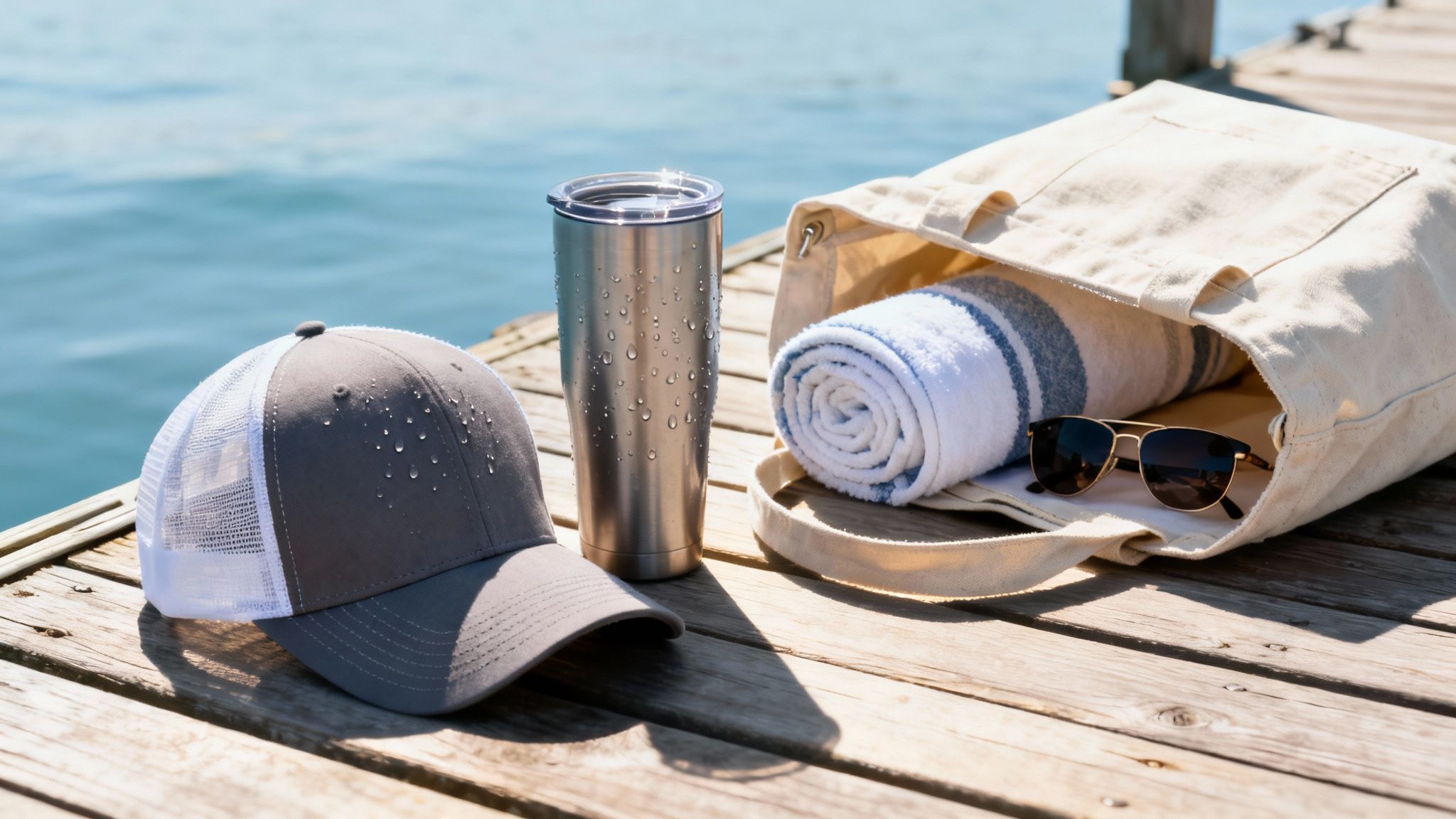 Summer essentials on a wooden dock: a wet baseball cap, tumbler, tote bag with towel and sunglasses.
