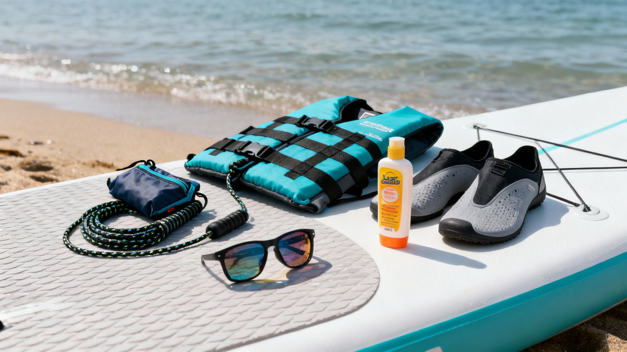Paddle boarding essentials including a life vest, water shoes, sunglasses, and sunscreen on a board by the ocean.