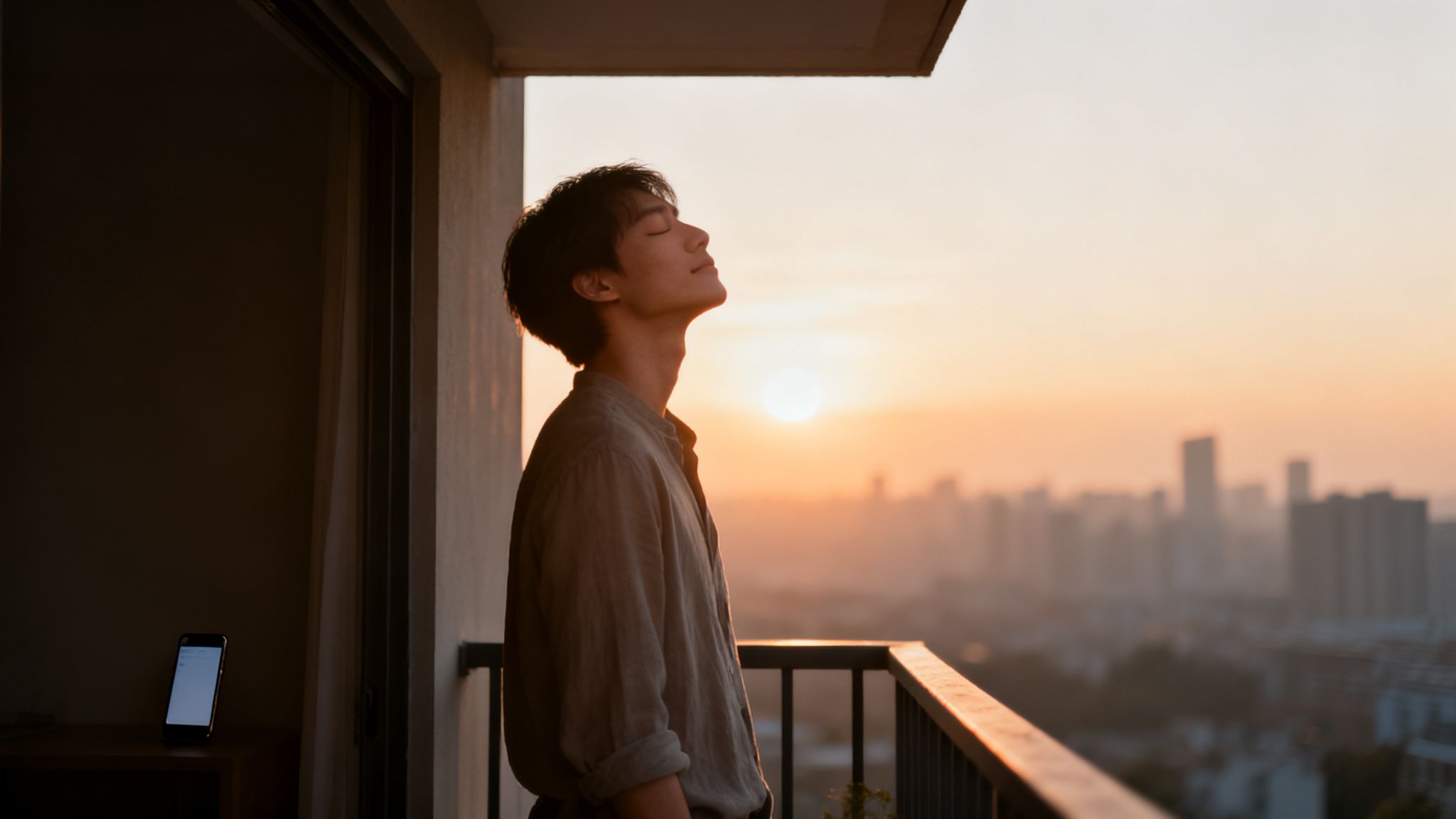 A young man with eyes closed on a balcony, enjoying a peaceful sunset over a city.