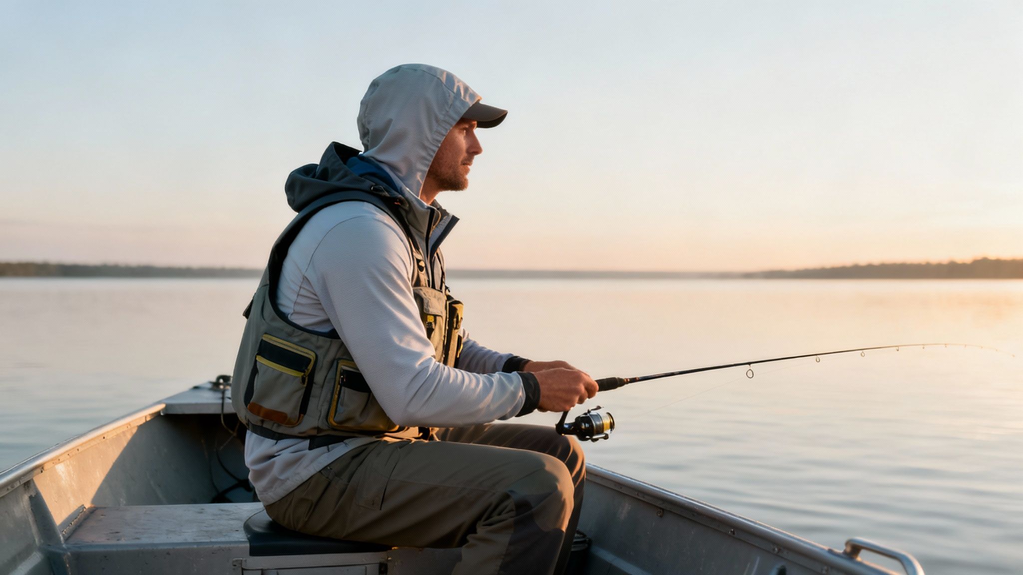 A man in a boat fishing on a calm lake at sunrise, wearing a hoodie and fishing vest.