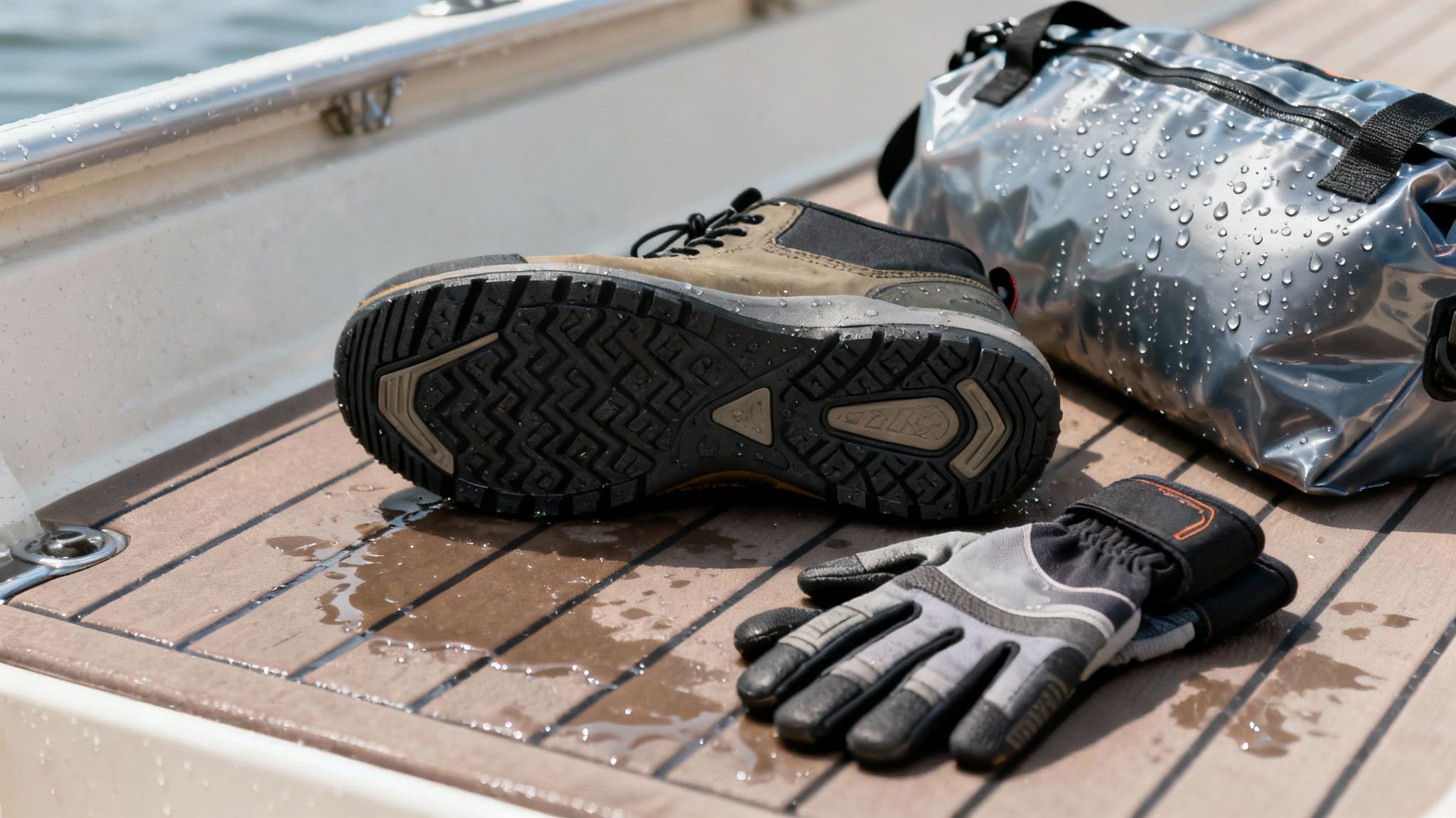 Water-resistant boat gear, including a shoe, gloves, and a dry bag, on a wet wooden deck.