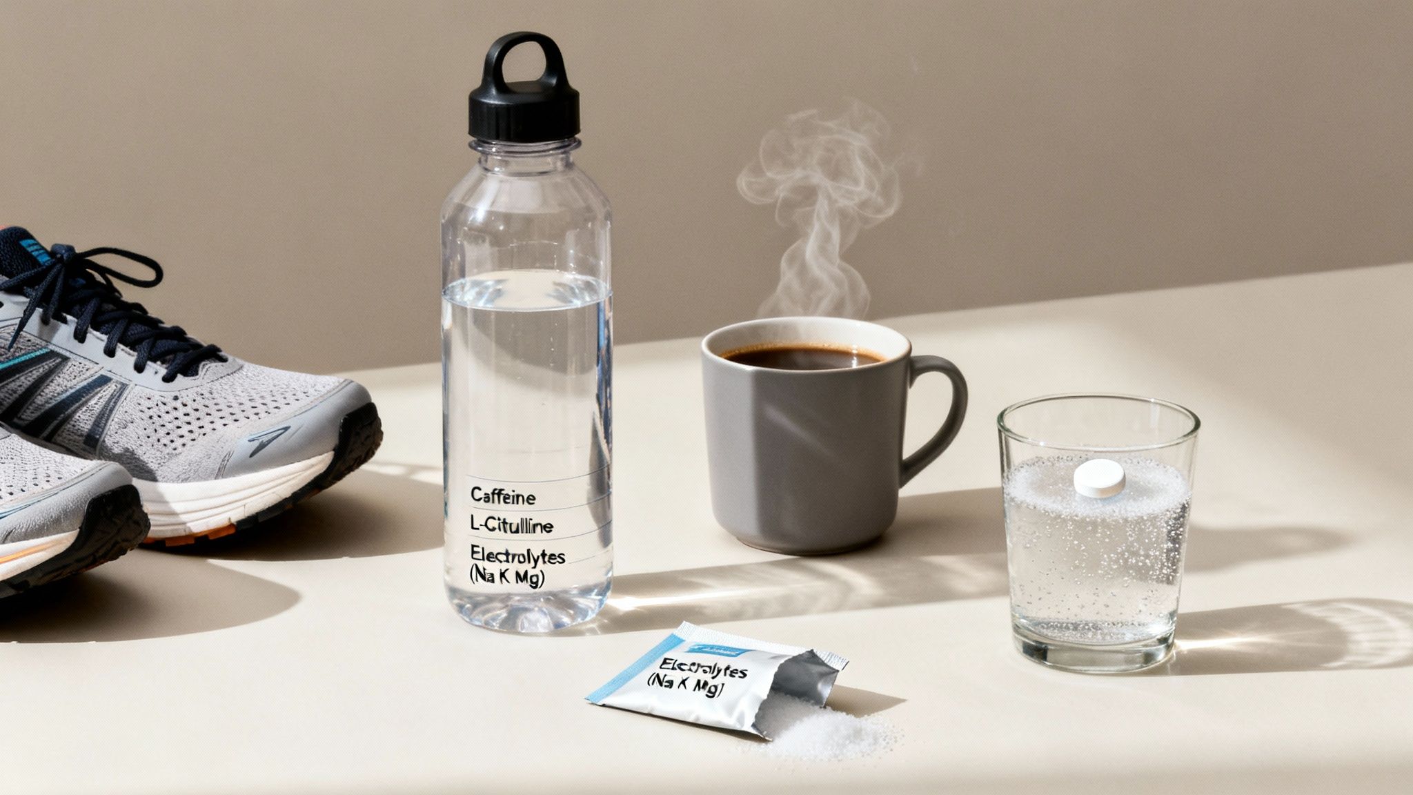 Athletic performance essentials: running shoe, water bottle with supplements, coffee, and electrolyte tablet.