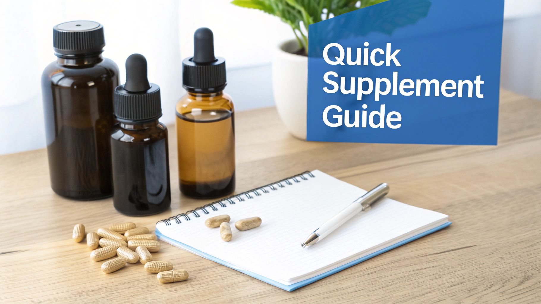 A desk scene with supplement bottles, capsules, a notebook, and a 'Quick Supplement Guide' graphic.