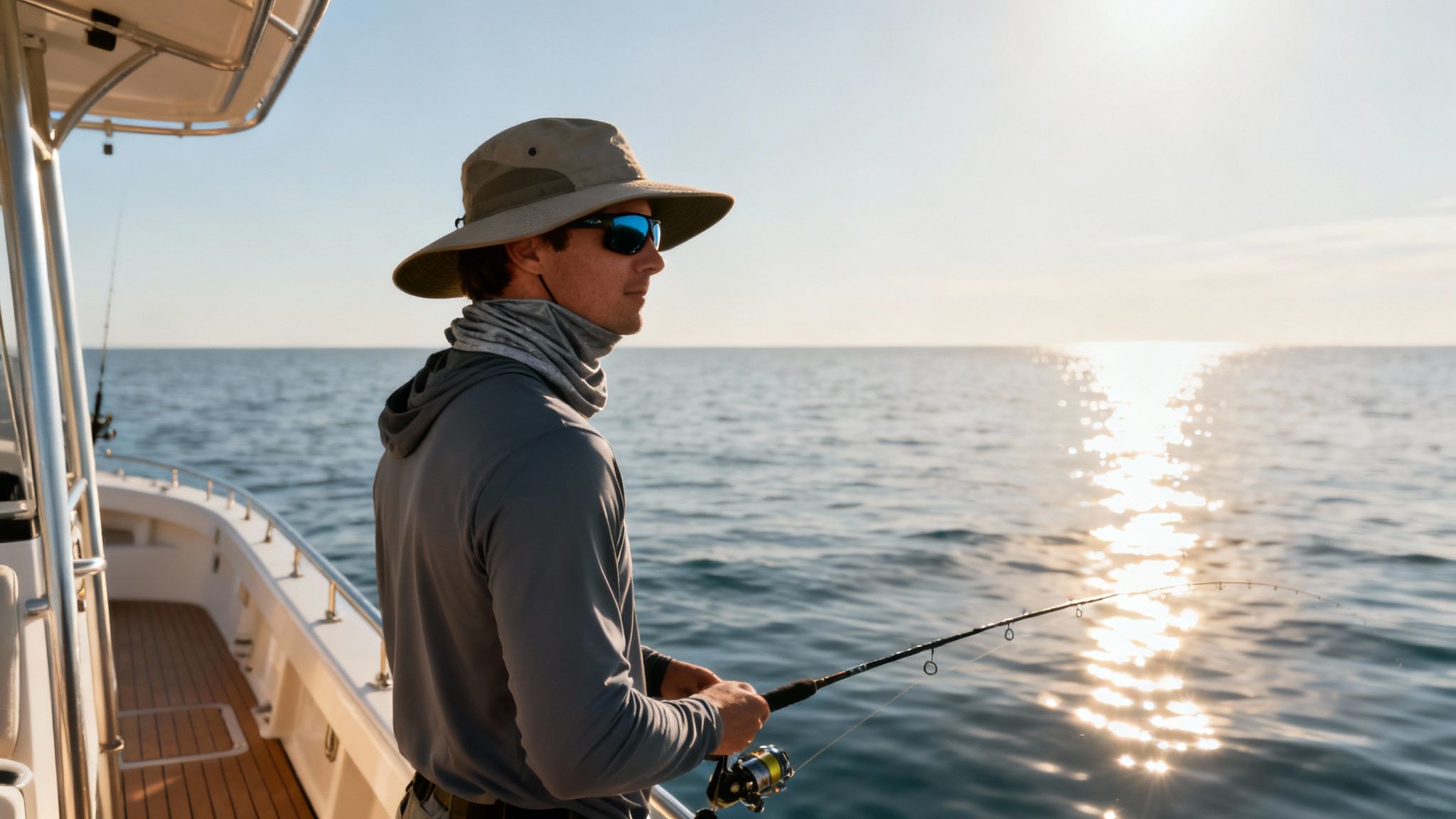Man wearing a hat, sunglasses, and neck gaiter fishing from a boat with sun glare on water.