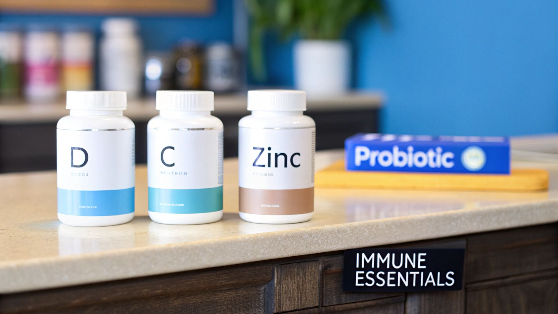 Three vitamin bottles (D, C, Zinc) and a probiotic box displayed on a counter with an 'Immune Essentials' sign.