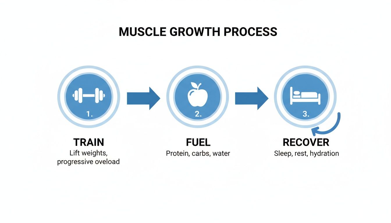Diagram showing the muscle growth process: Train, Fuel, Recover, with relevant icons and descriptions.