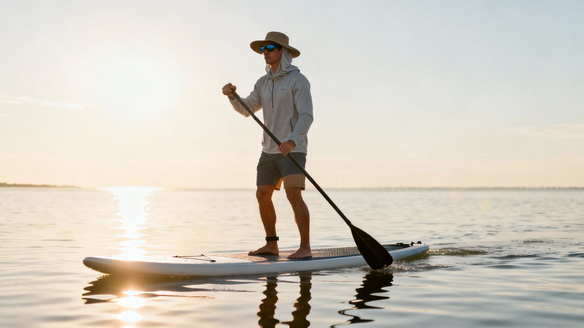 A man paddleboarding on calm water at sunrise, wearing a hat, sunglasses, and a hoodie.