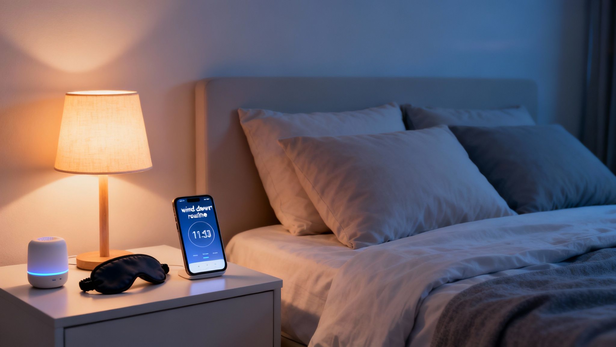 A cozy bedroom nightstand with a lamp, smartphone displaying a wind-down routine, sleep mask, and diffuser, preparing for sleep.