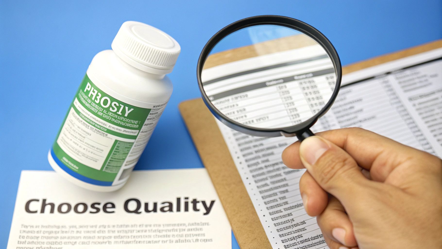 Hand with magnifying glass inspecting documents and a supplement bottle, highlighting product quality and research.