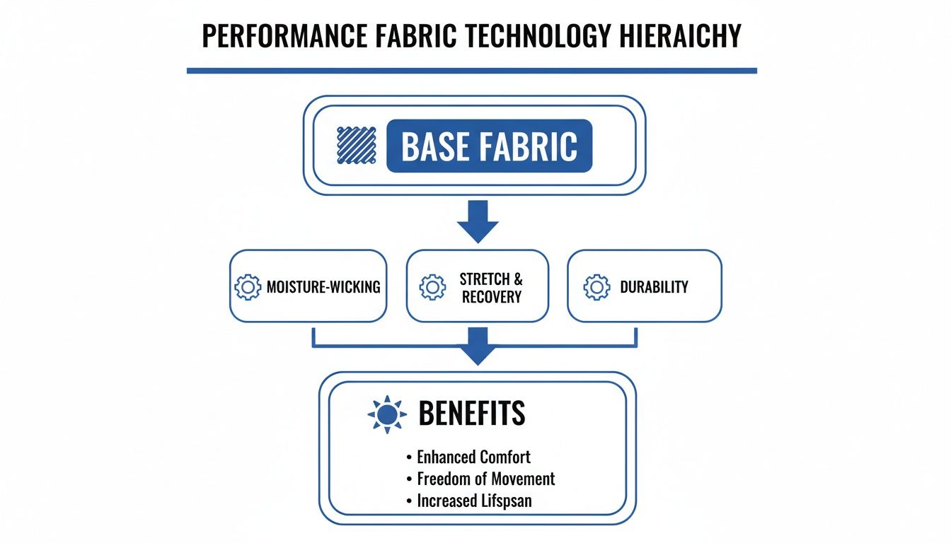 Diagram illustrating the hierarchy of performance fabric technology, from base fabric properties to key benefits.