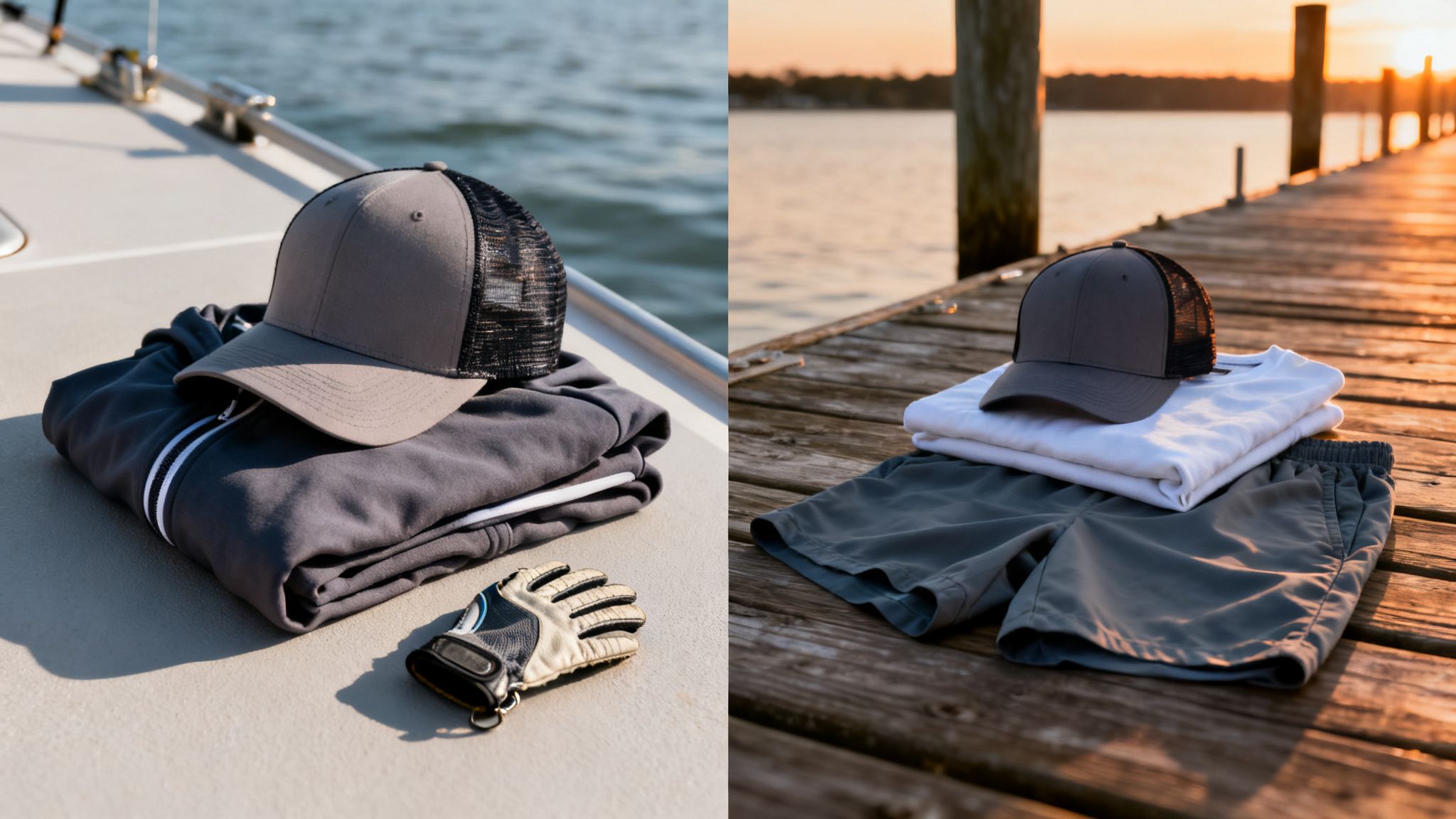Stylish grey trucker hat and casual apparel for boating and outdoor activities at sunset.